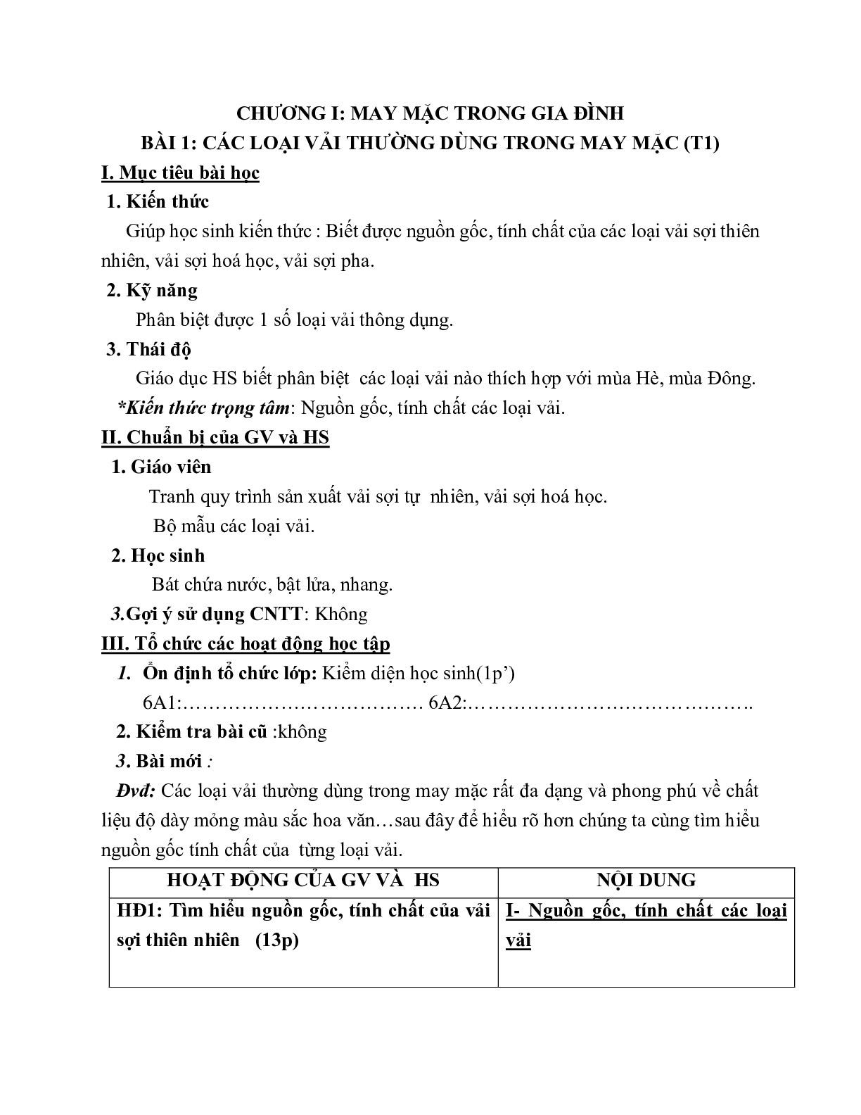 GIÁO ÁN CÔNG NGHỆ 6 BÀI 1: CÁC LOẠI VẢI THƯỜNG DÙNG TRONG MAY MẶC (T1) MỚI NHẤT – CV5555 (trang 1)