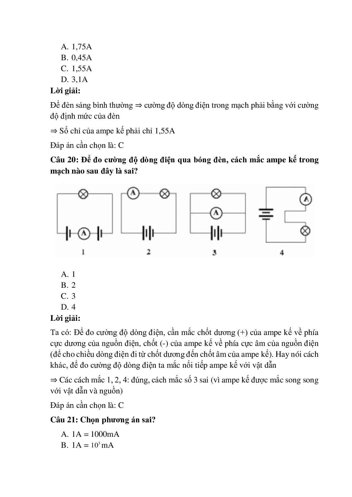 Trắc nghiệm Cường độ dòng điện có đáp án – Vật lí lớp 7 (trang 8)