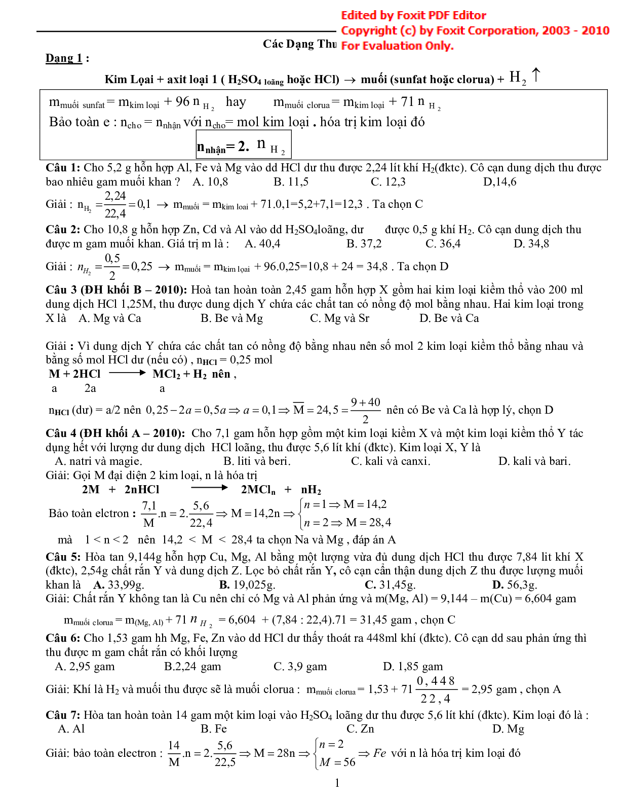 Bài tập về tổng hợp phương pháp giải nhanh hóa vô cơ có đáp án (trang 1)