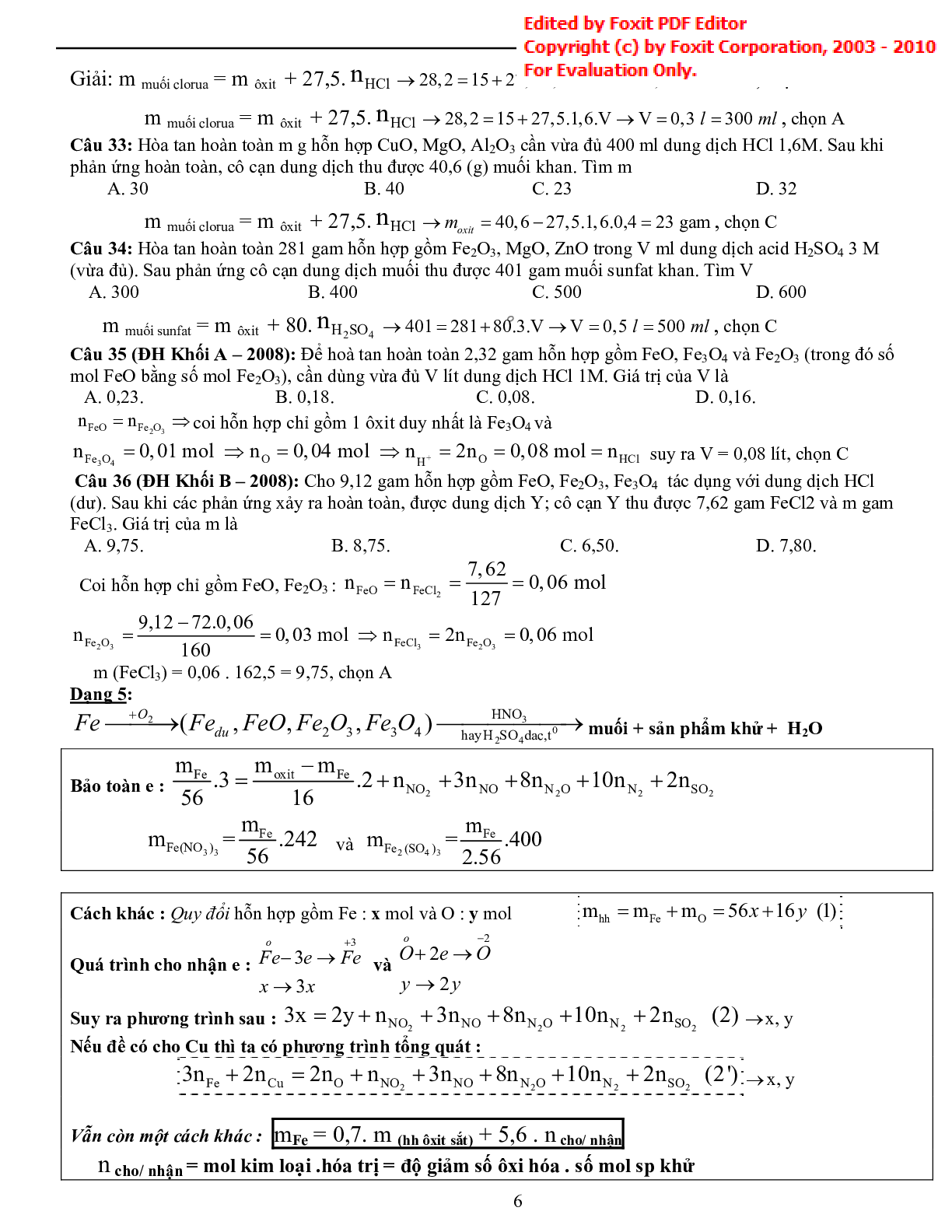 Bài tập về tổng hợp phương pháp giải nhanh hóa vô cơ có đáp án (trang 6)