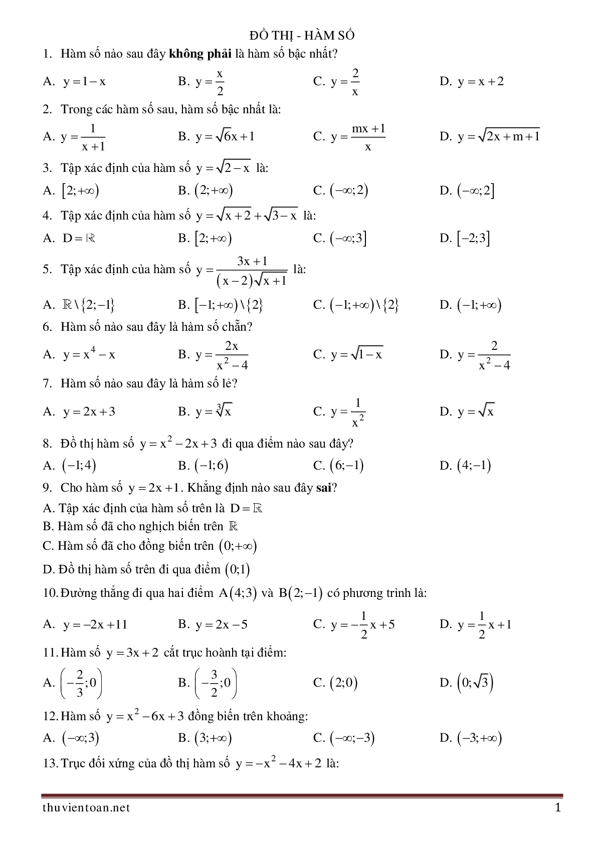 50 câu trắc nghiệm Chương Hàm số lớp 10 - có đáp án (trang 1)