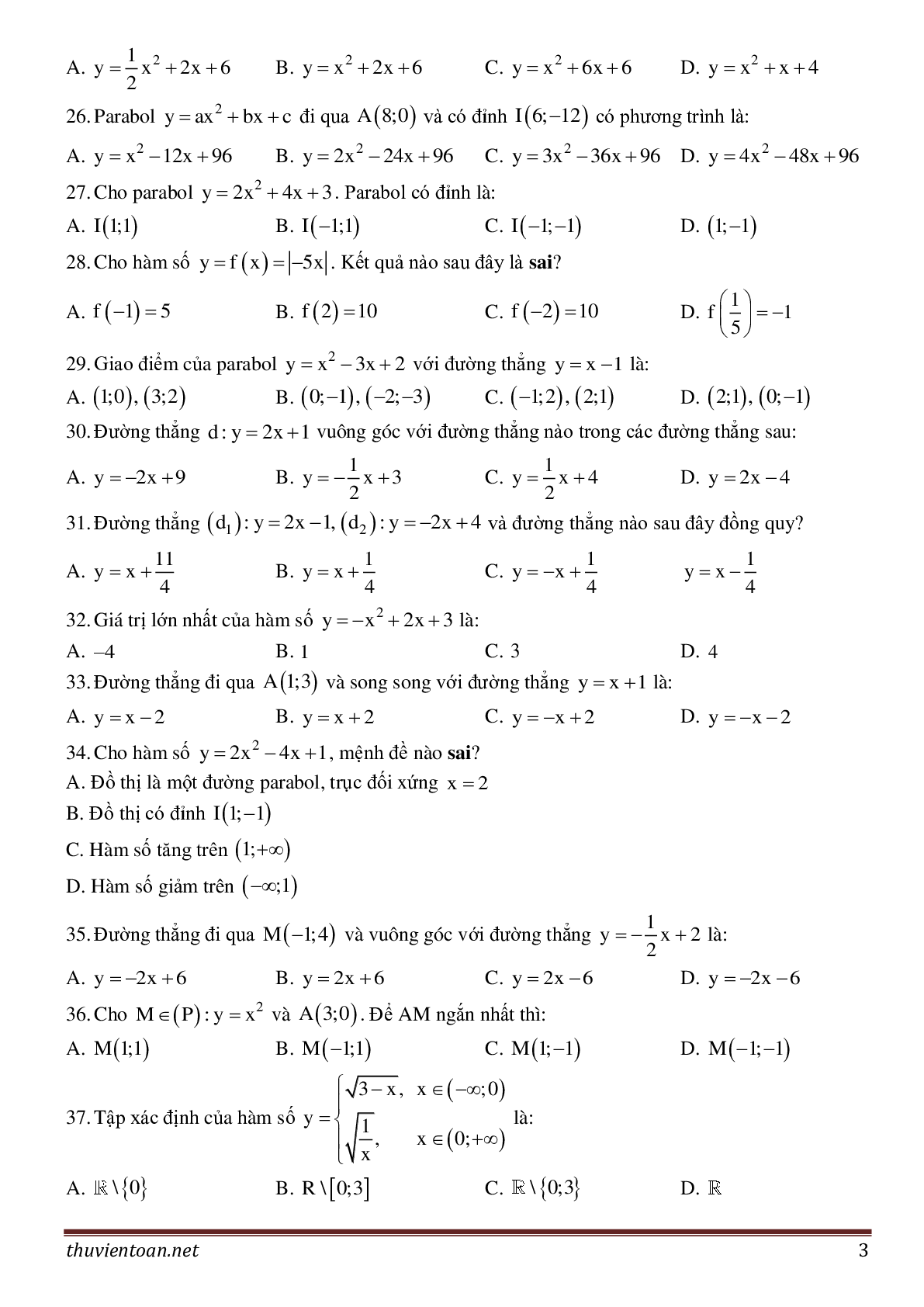 50 câu trắc nghiệm Chương Hàm số lớp 10 - có đáp án (trang 3)