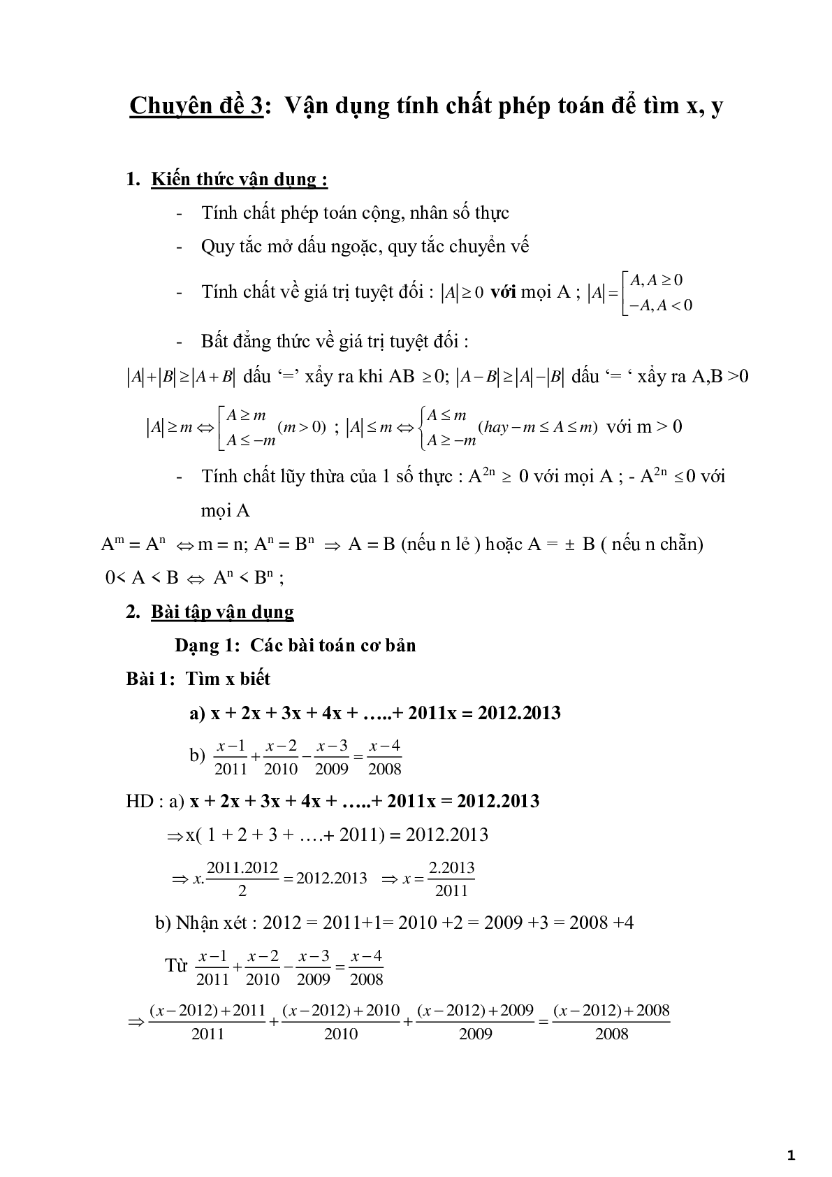 Chuyên đề 3 - Vận dụng tính chất phép toán để tìm x, y - có đáp án (trang 1)