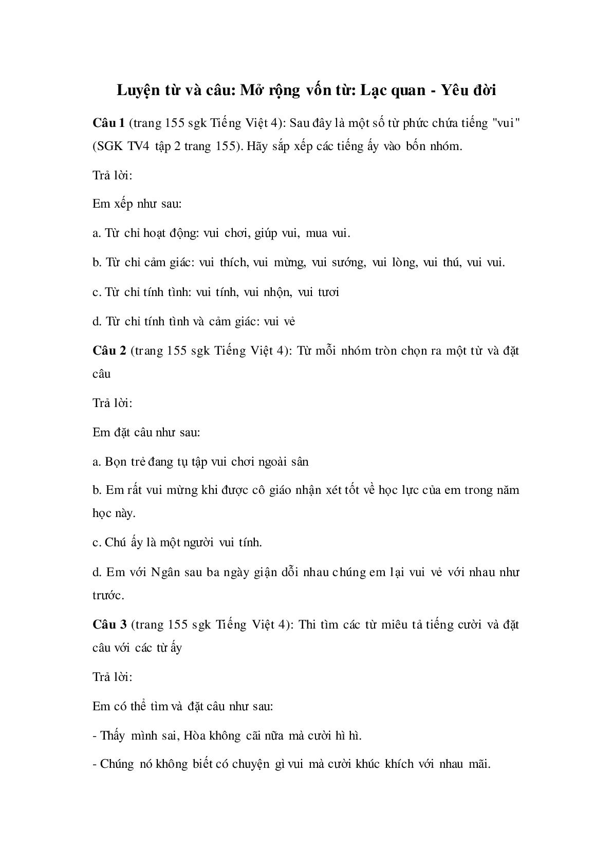 Soạn Tiếng Việt lớp 4: Luyện từ và câu: Mở rộng vốn từ: Lạc quan - Yêu đời mới nhất (trang 1)