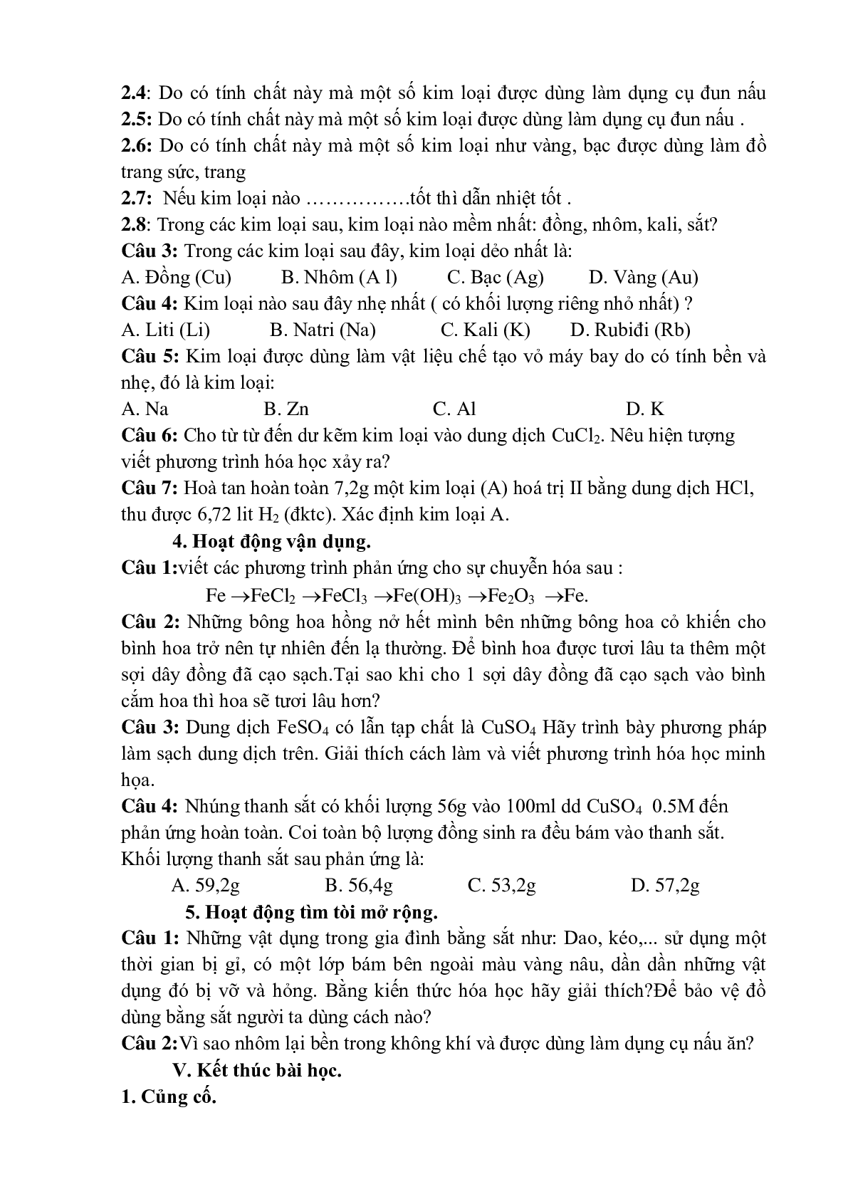 Giáo án hóa học 9 bài 16: tính chất hóa học của kim loại (t2) mới nhất (trang 9)