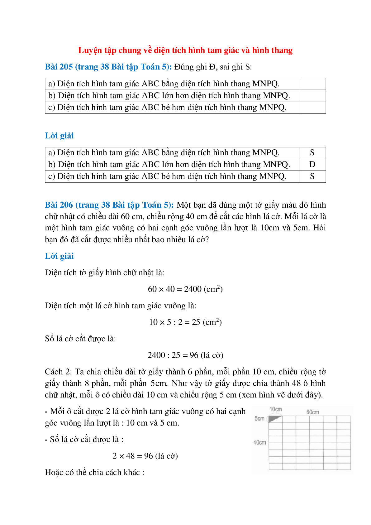 SBT Toán lớp 5 trang 38, 39 Luyện tập chung về diện tích hình tam giác và hình thang (trang 1)