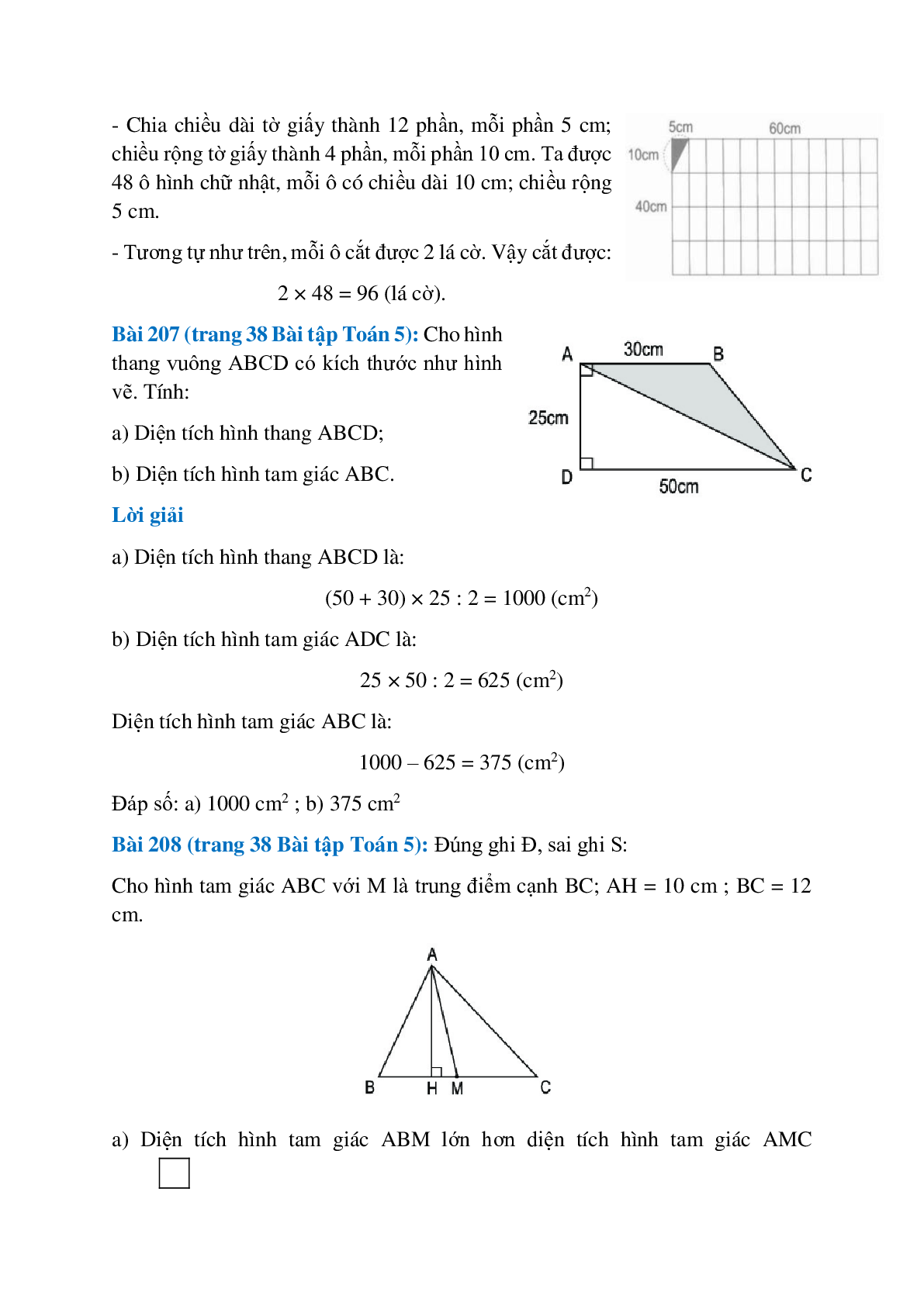 SBT Toán lớp 5 trang 38, 39 Luyện tập chung về diện tích hình tam giác và hình thang (trang 2)