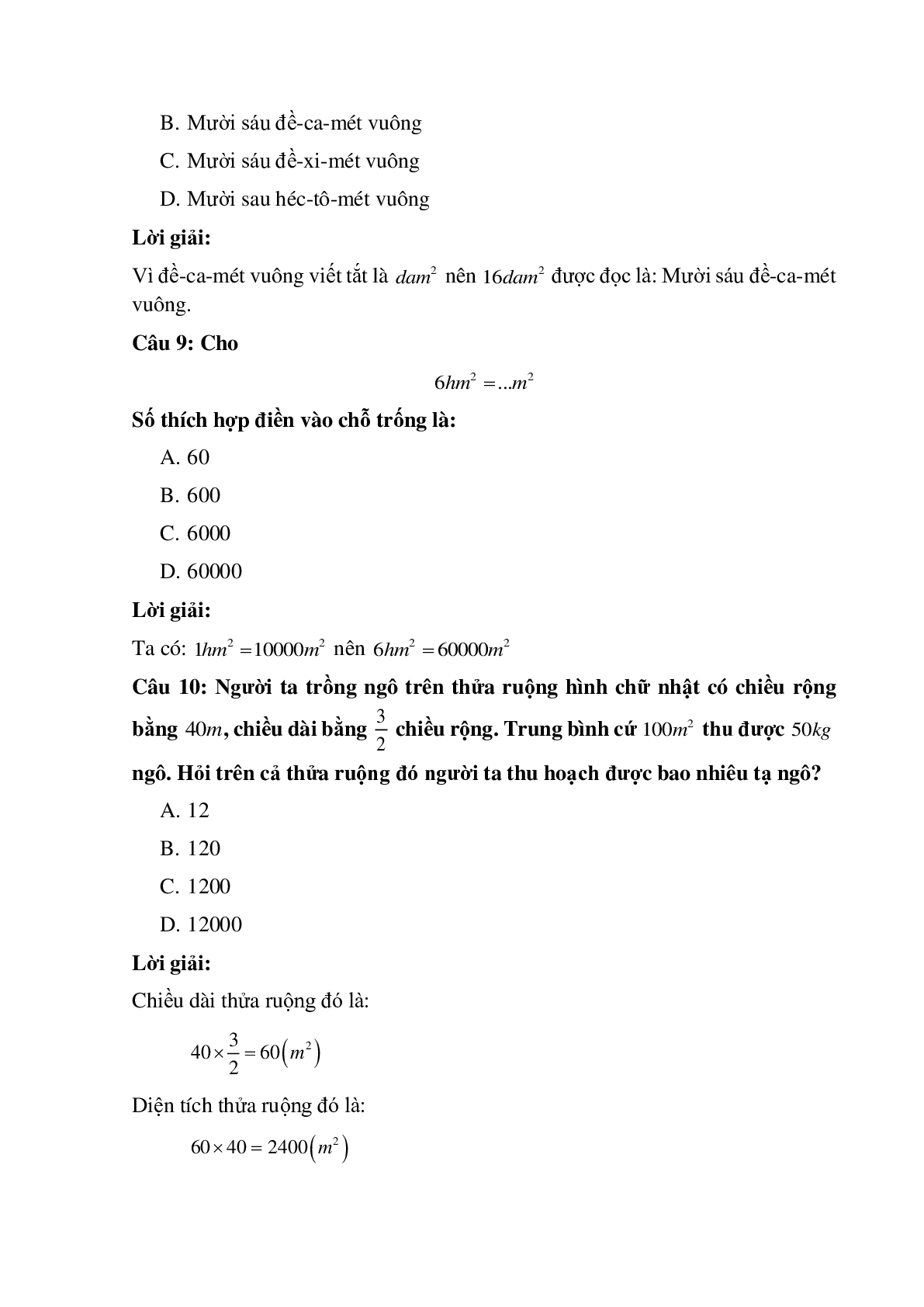10 câu Trắc nghiệm Đề-ca-mét vuông. Héc-tô-mét vuông. Héc-ta có đáp án 2023 – Toán lớp 5 (trang 3)