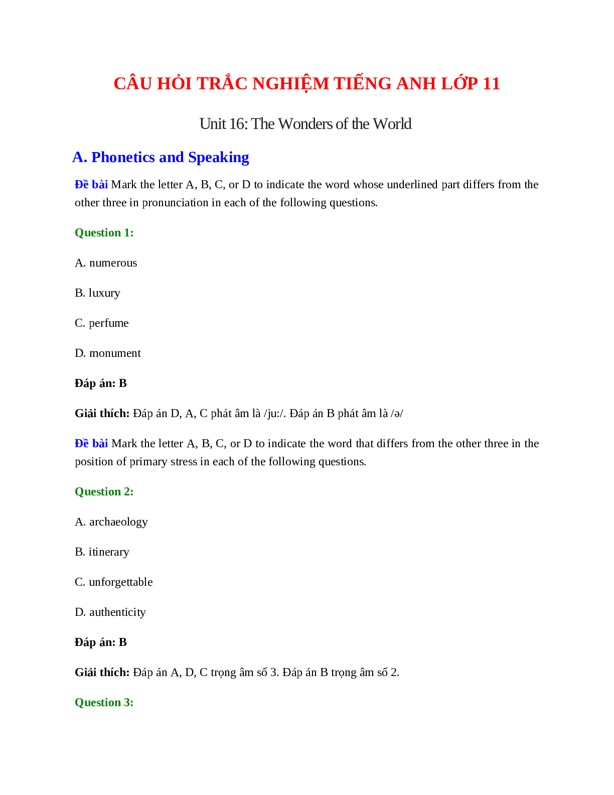 60 câu Trắc nghiệm Tiếng Anh 11 Unit 16 có đáp án 2023: The Wonders of the World (trang 1)