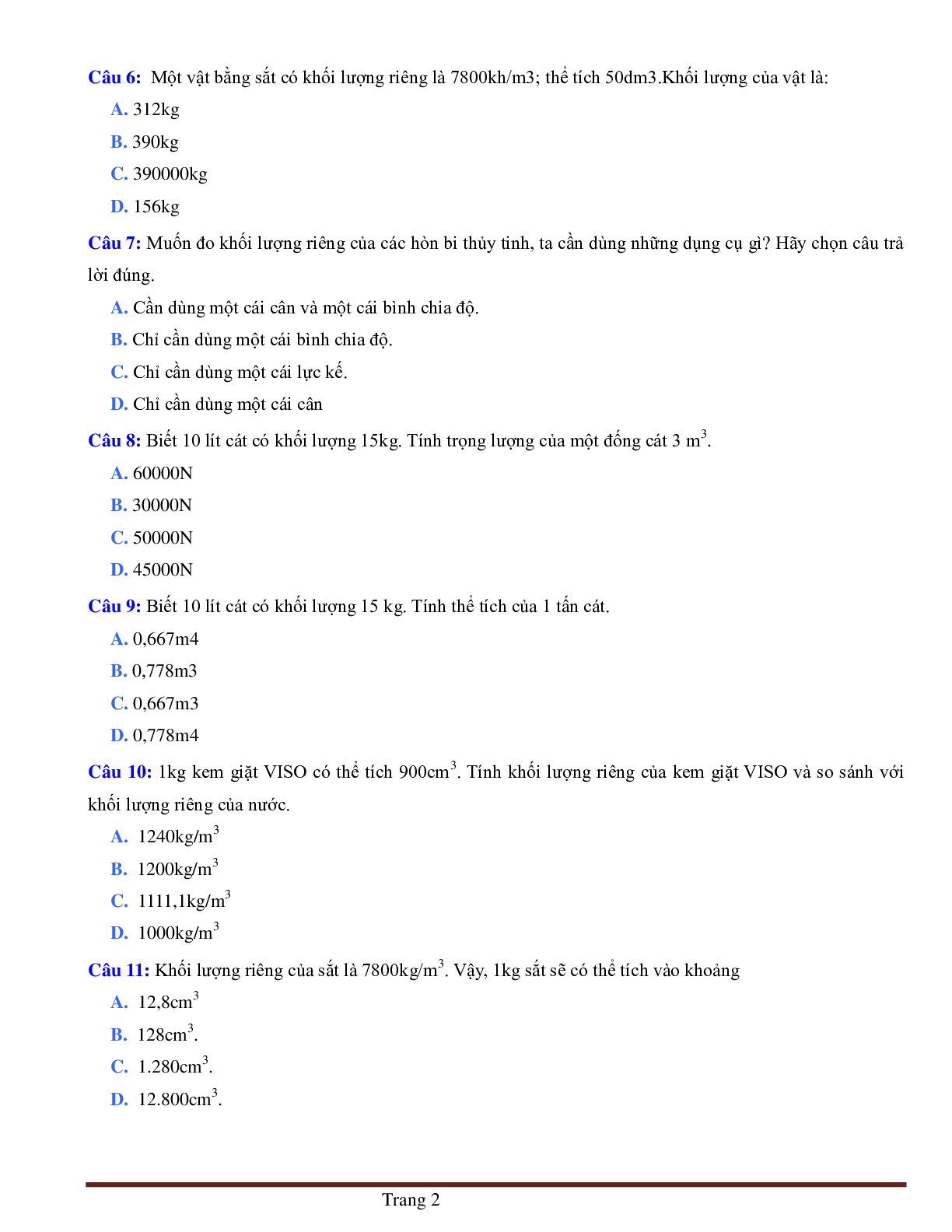 BÀI TẬP TRẮC NGHIỆM MÔN VẬT LÝ LỚP 6 BÀI 11: KHỐI LƯỢNG RIÊNG - BÀI TẬP (trang 2)