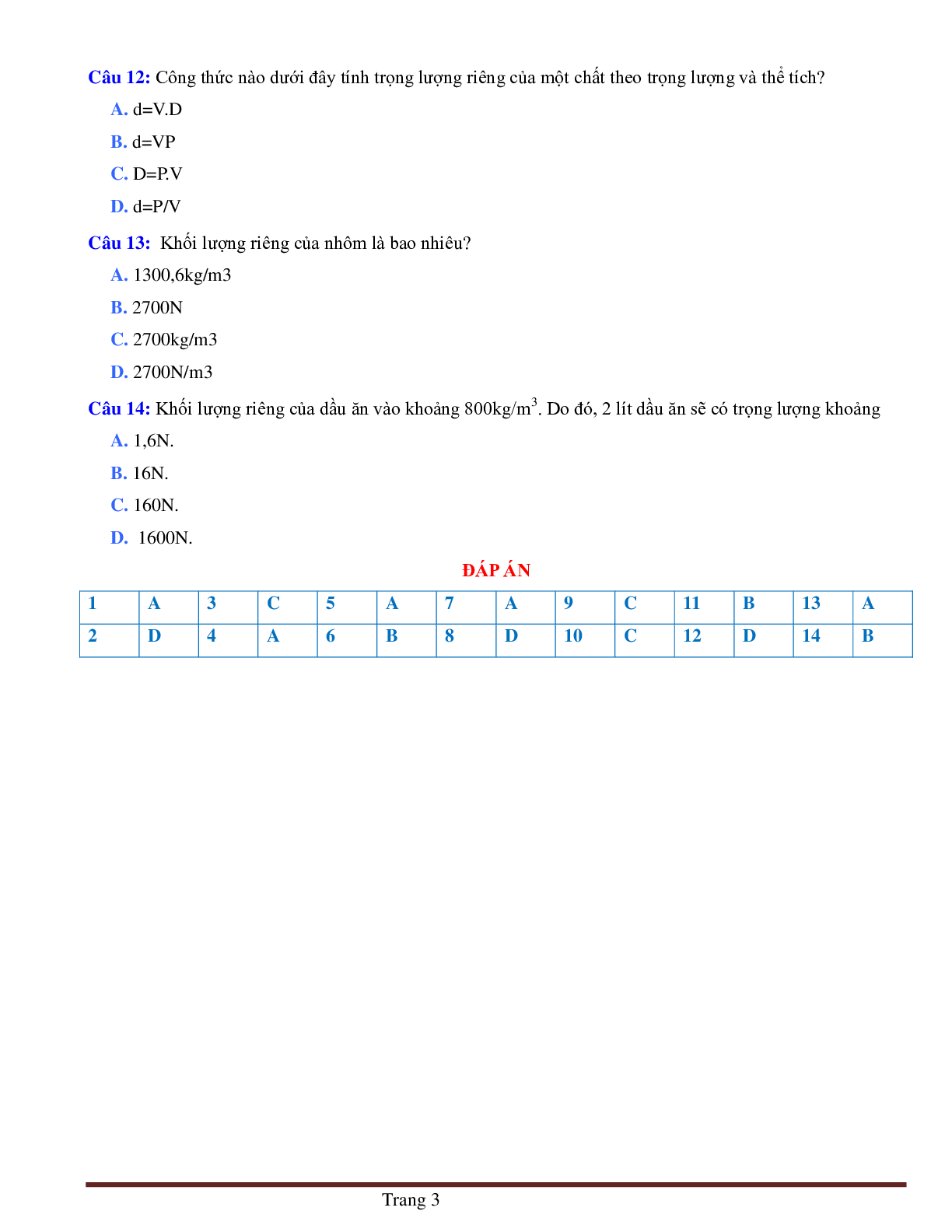 BÀI TẬP TRẮC NGHIỆM MÔN VẬT LÝ LỚP 6 BÀI 11: KHỐI LƯỢNG RIÊNG - BÀI TẬP (trang 3)