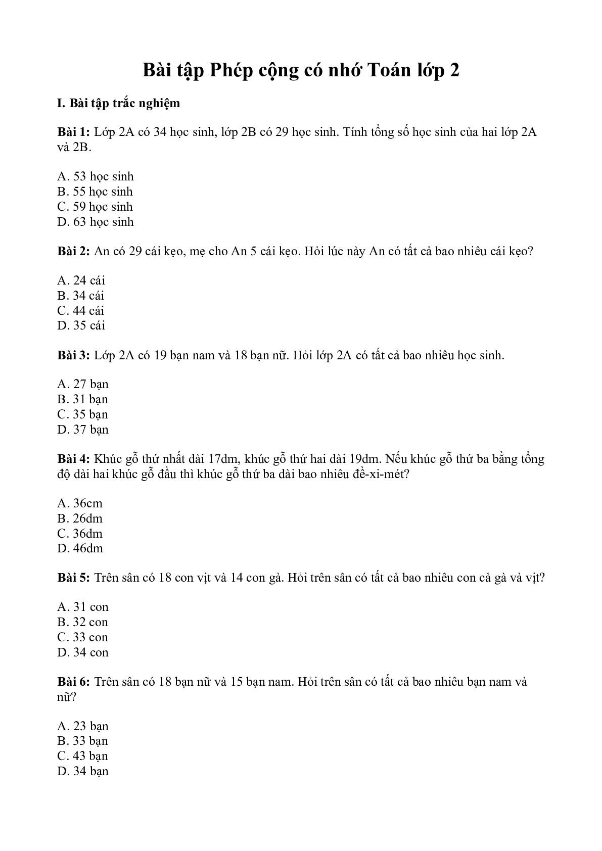 Bài tập toán phép cộng có nhớ môn Toán lớp 2 (trang 1)