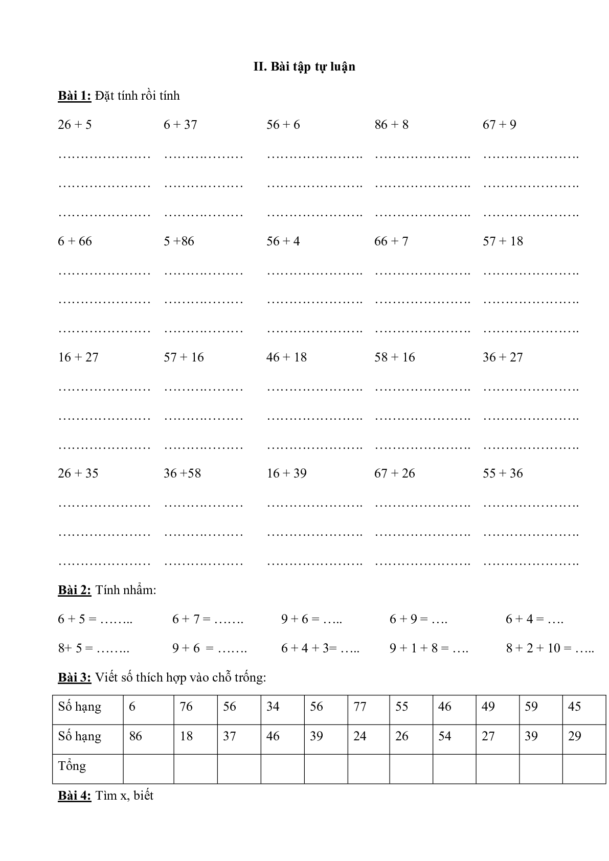 Bài tập toán phép cộng có nhớ môn Toán lớp 2 (trang 4)