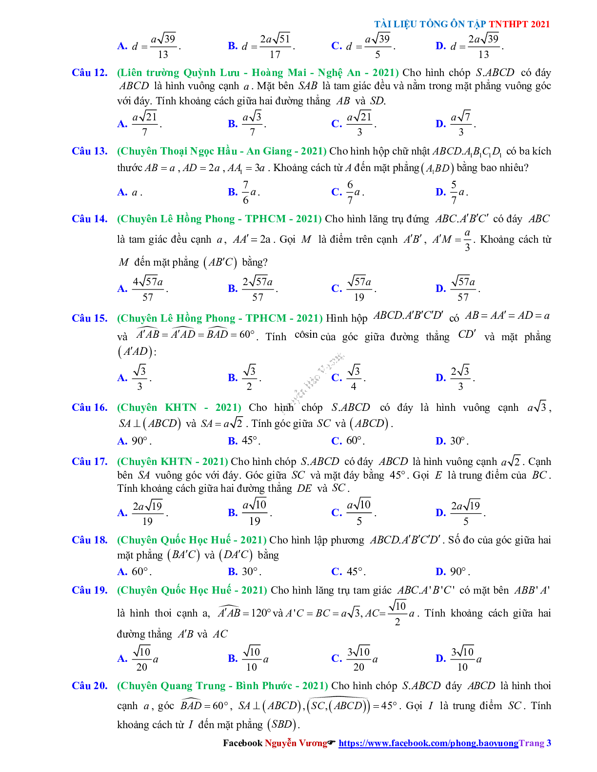 Trắc nghiệm Ôn thi THPT QG Toán 12: Câu hỏi hình học không gian mức độ vận dụng (trang 3)