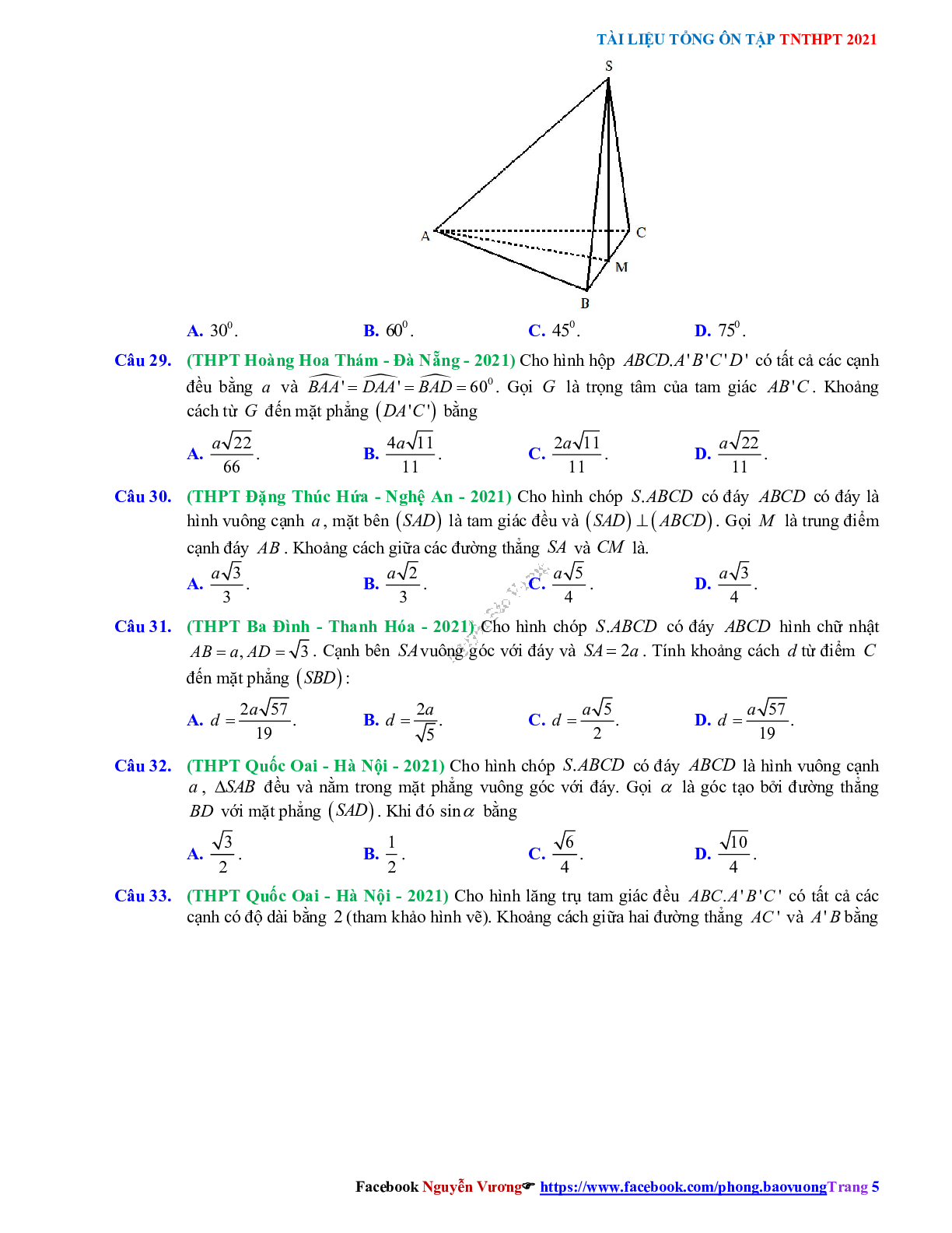 Trắc nghiệm Ôn thi THPT QG Toán 12: Câu hỏi hình học không gian mức độ vận dụng (trang 5)