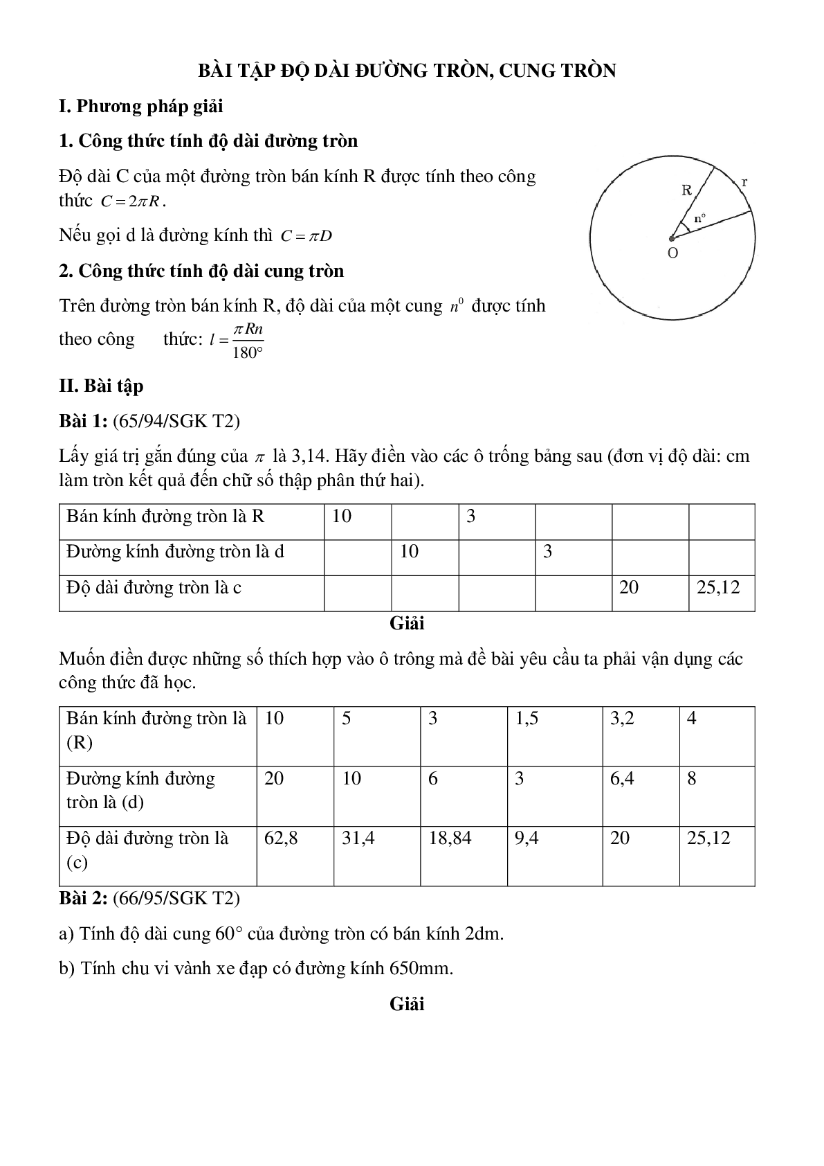 50 Bài tập Độ dài đường tròn, cung tròn (có đáp án)- Toán 9 (trang 1)