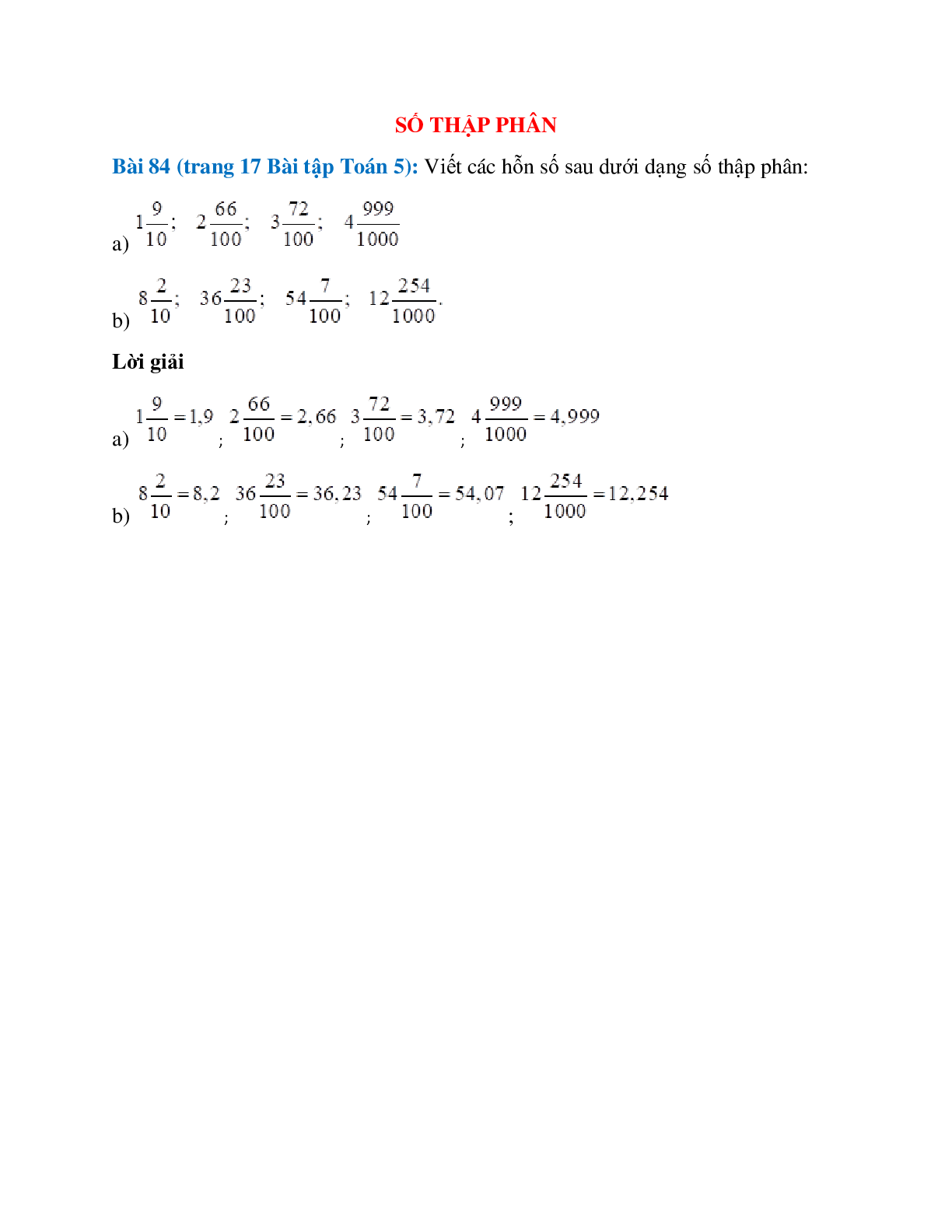 Viết các hỗn số sau dưới dạng số thập phân: 1 9/10 (trang 1)