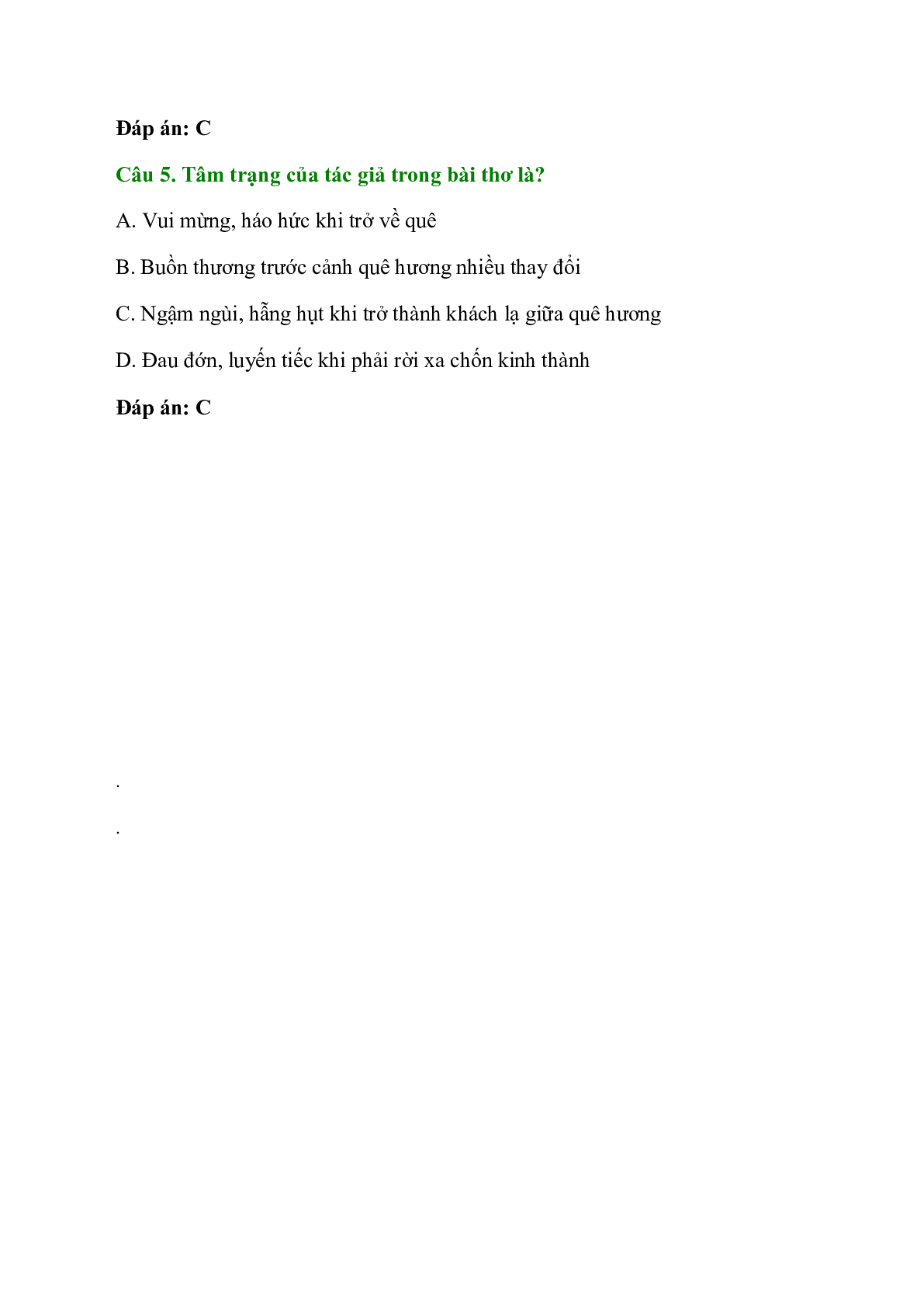 Trắc nghiệm Ngẫu nhiên viết nhân buổi mới về quê có đáp án – Ngữ văn lớp 7 (trang 2)