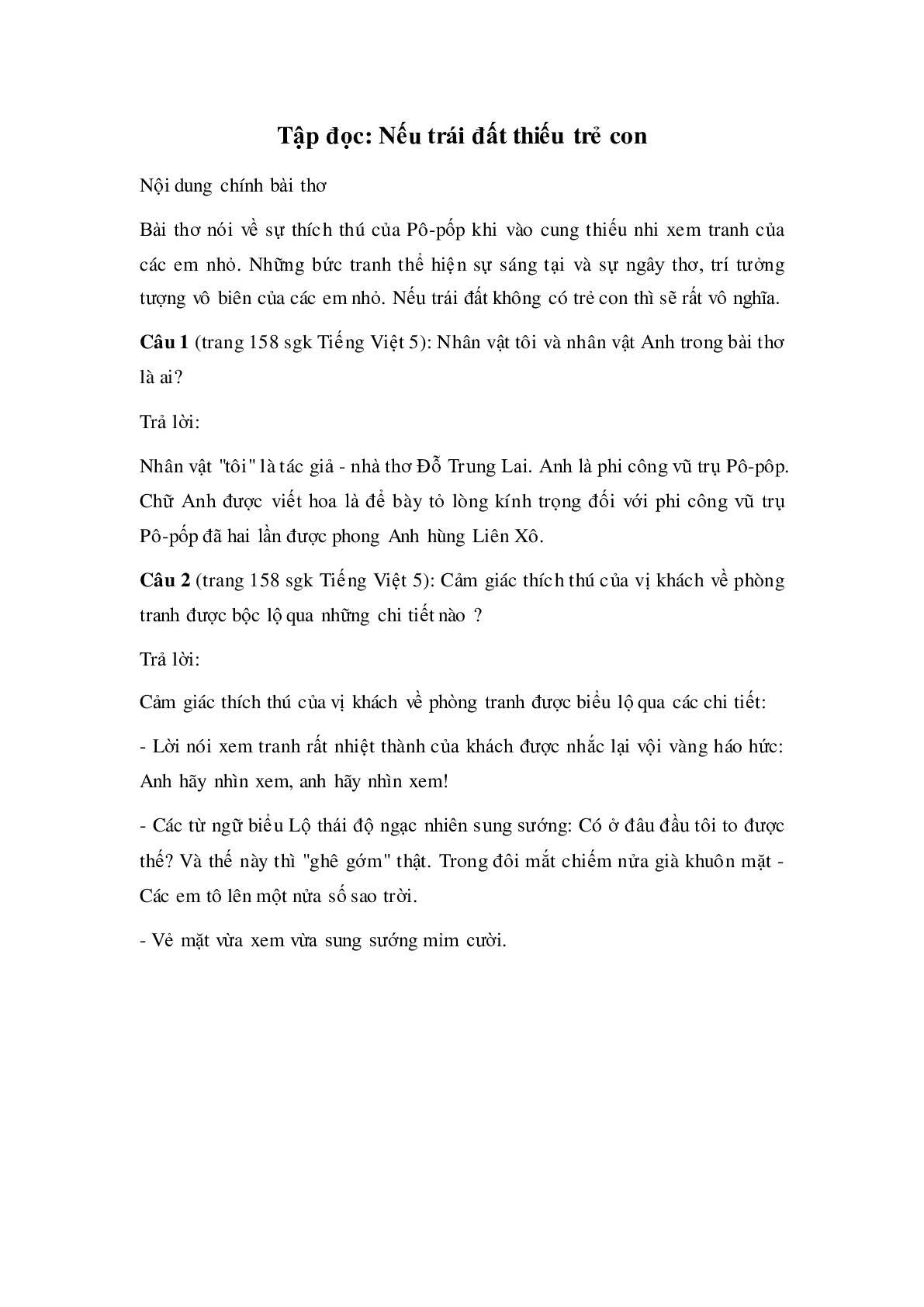 Soạn Tiếng Việt lớp 5:Tập đọc: Nếu trái đất thiếu trẻ con mới nhất (trang 1)