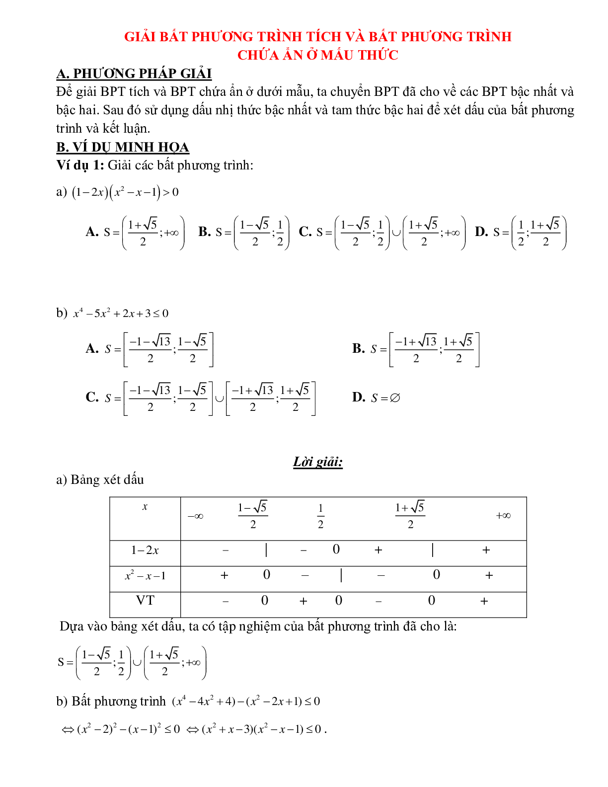 Bài tập giải bất phương trình tích và bất phương trình chứa ẩn ở mẫu  Toán 10 (trang 1)