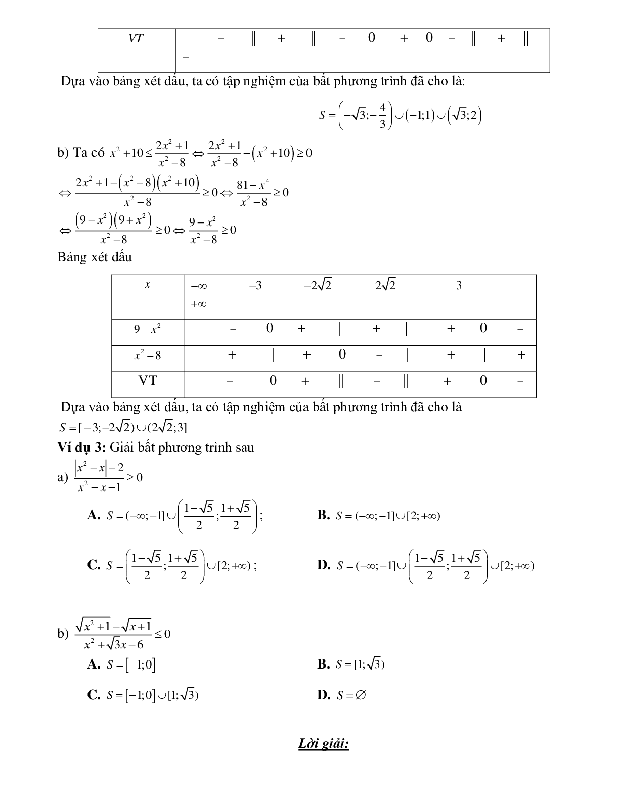 Bài tập giải bất phương trình tích và bất phương trình chứa ẩn ở mẫu  Toán 10 (trang 3)