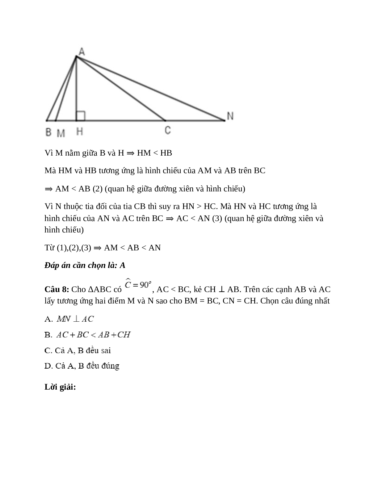 Trắc nghiệm Quan hệ giữa đường vuông góc và đường xiên đường xiên và hình chiếu có đáp án – Toán lớp 7 (trang 10)