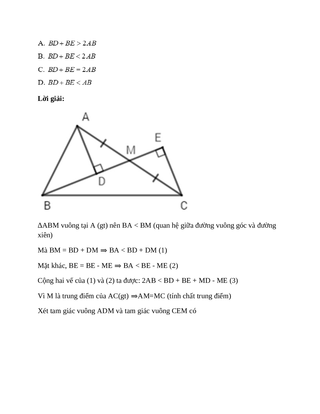 Trắc nghiệm Quan hệ giữa đường vuông góc và đường xiên đường xiên và hình chiếu có đáp án – Toán lớp 7 (trang 5)