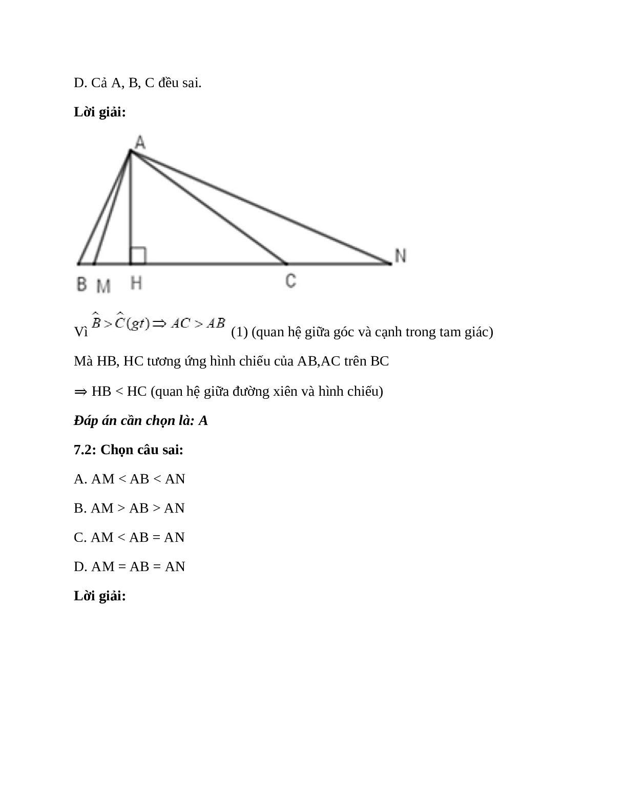 Trắc nghiệm Quan hệ giữa đường vuông góc và đường xiên đường xiên và hình chiếu có đáp án – Toán lớp 7 (trang 9)