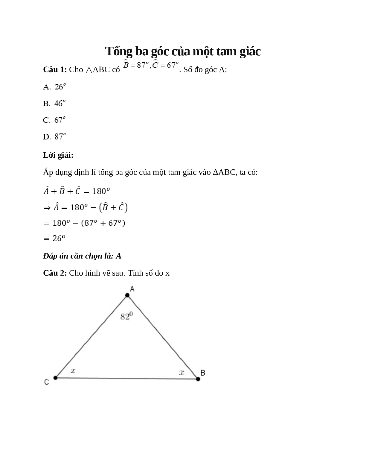 Trắc nghiệm Tổng ba góc của một tam giác có đáp án – Toán lớp 7 (trang 1)