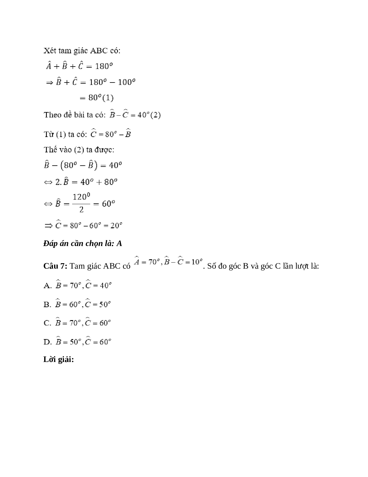 Trắc nghiệm Tổng ba góc của một tam giác có đáp án – Toán lớp 7 (trang 6)