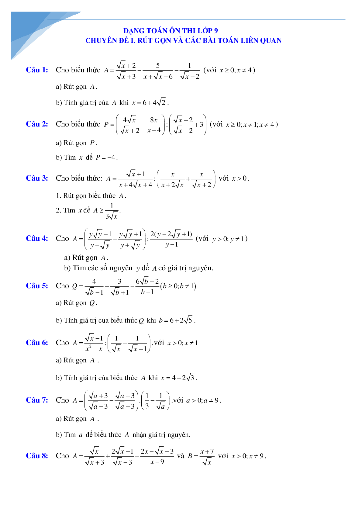 Rút gọn biểu thức và bài toán liên quan (trang 1)