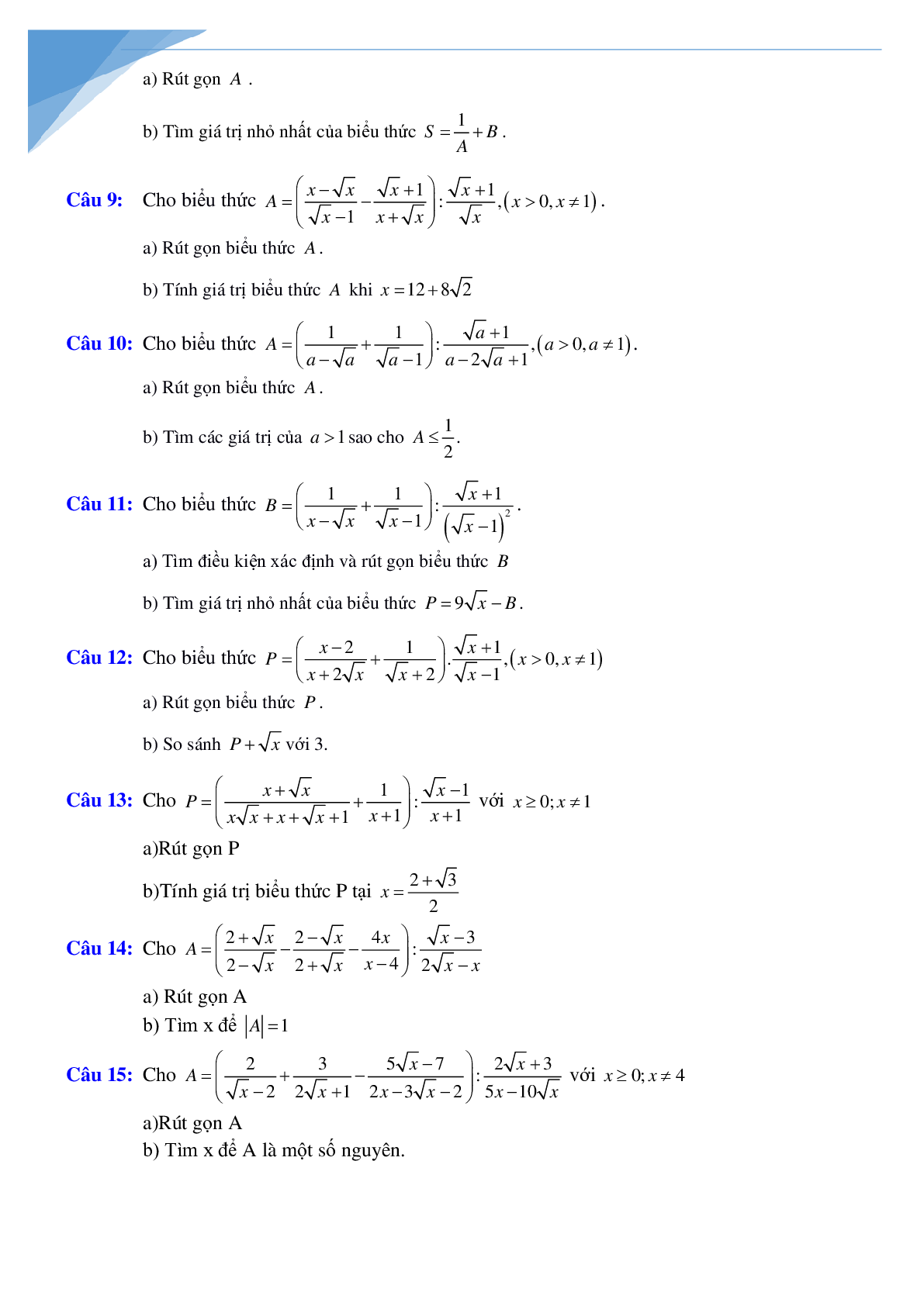 Rút gọn biểu thức và bài toán liên quan (trang 2)