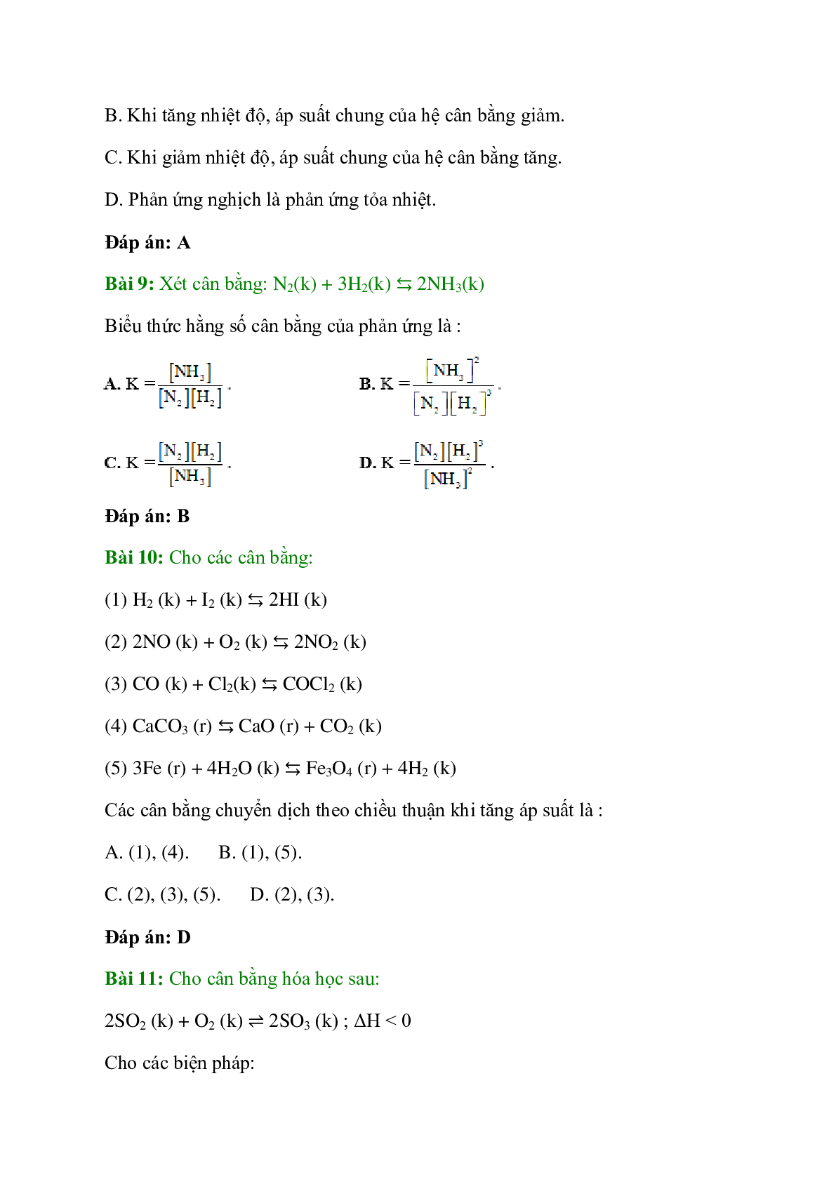 Trắc nghiệm Cân bằng hóa học có đáp án - Hóa học 10 (trang 4)