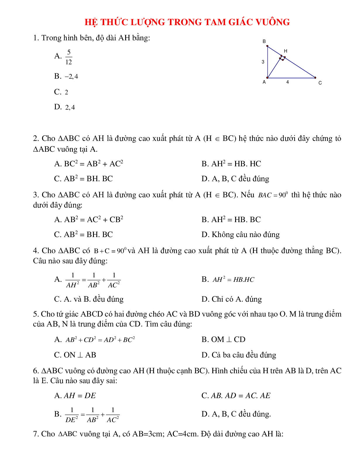16 Bài tập trắc nghiệm Hệ thức lượng trong tam giác vuông 2023 (trang 1)