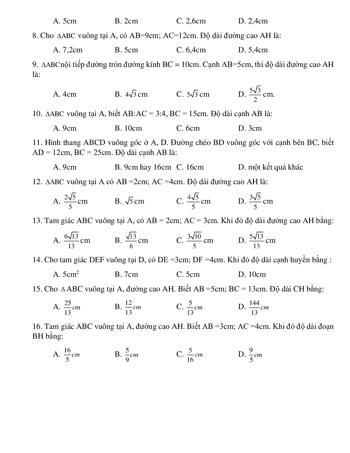 16 Bài tập trắc nghiệm Hệ thức lượng trong tam giác vuông 2023 (trang 2)