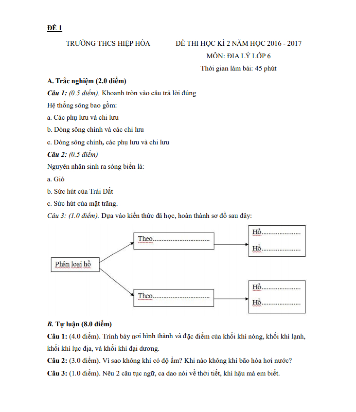 Đề thi Học kì 2 Địa lý lớp 6 có đáp án (6 đề) (trang 1)