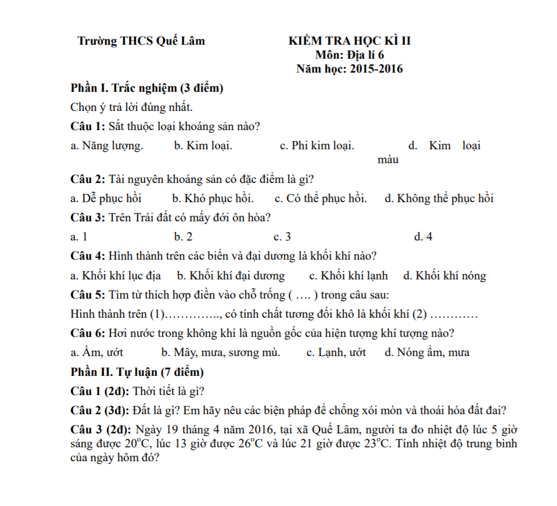 Đề thi Học kì 2 Địa lý lớp 6 có đáp án (6 đề) (trang 9)