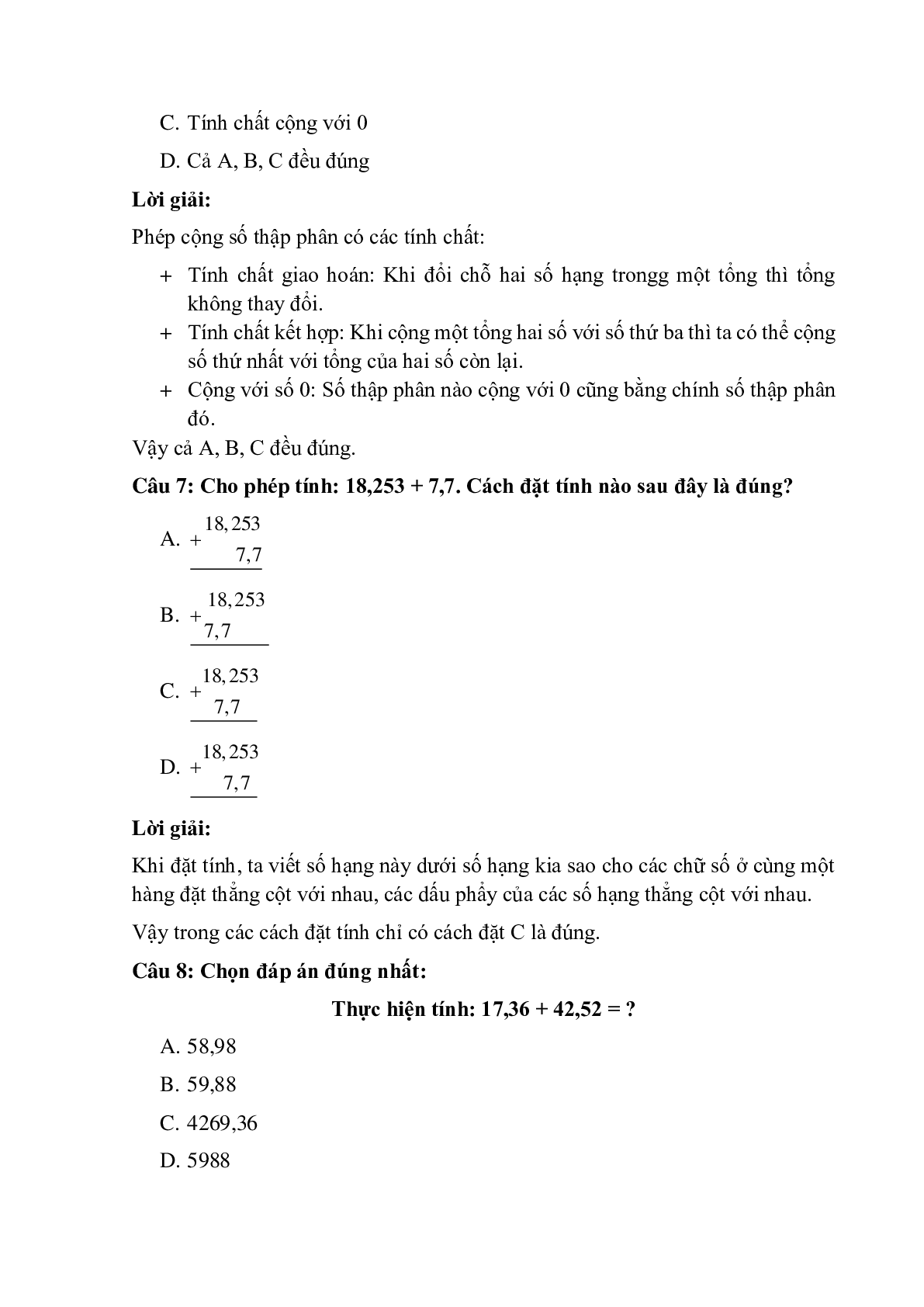 14 câu Trắc nghiệm Phép cộng hai số thập phân - Tổng nhiều số thập phân có đáp án 2023 – Toán lớp 5 (trang 3)