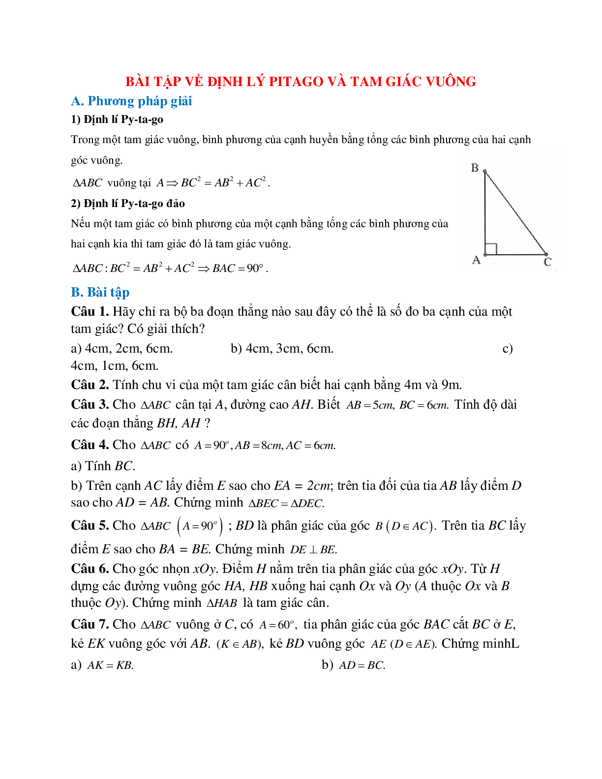 Bài tập về Định lý Pitago trong tam giác vuông chọn lọc (trang 1)