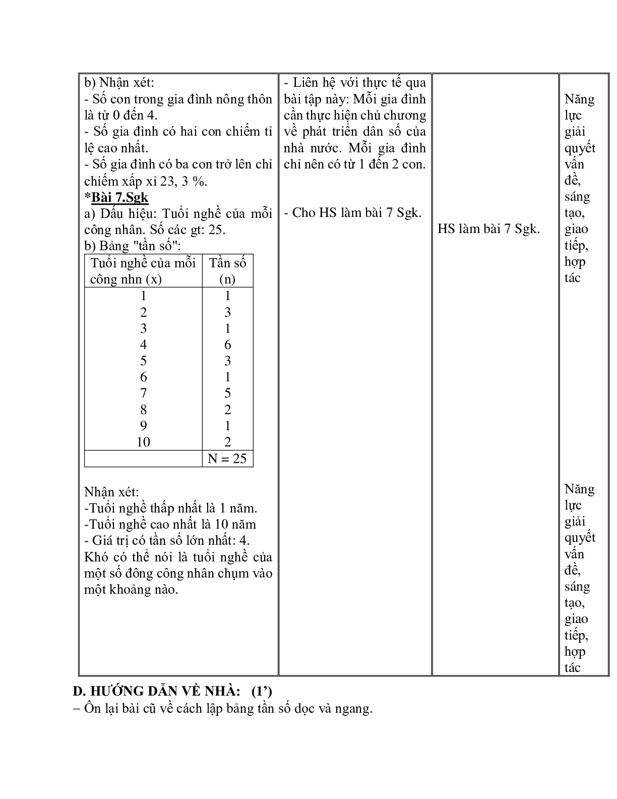 Giáo án Toán học 7 bài 2: Bảng tần số các giá trị của dấu hiệu hay nhất (trang 4)