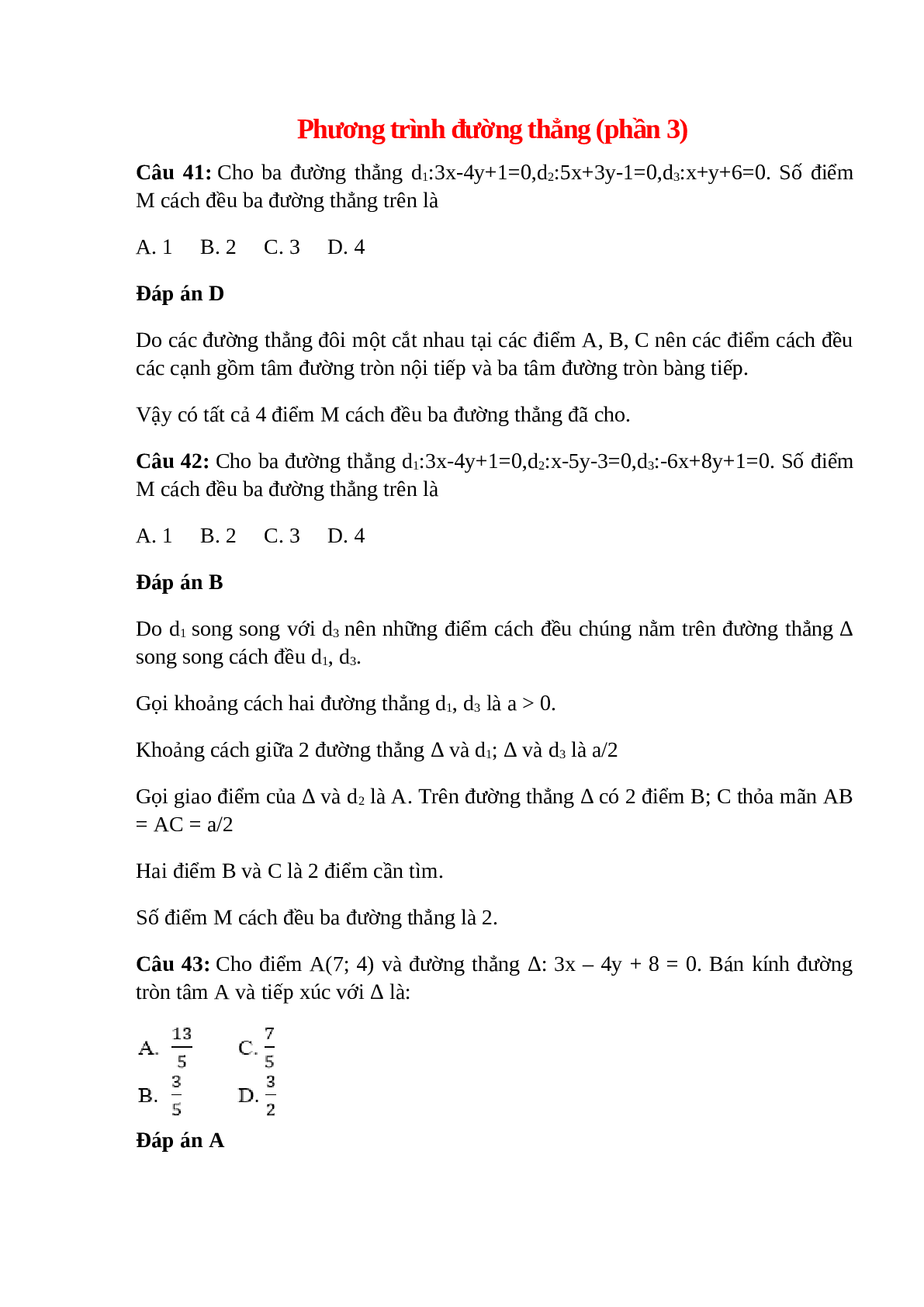 Trắc nghiệm Phương trình đường thẳng (phần 3) có đáp án – Toán lớp 10 (trang 1)