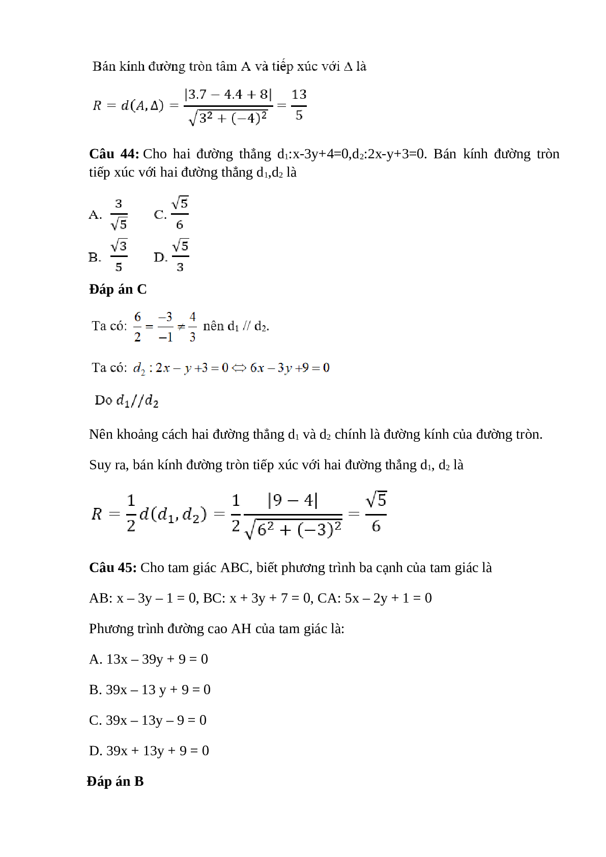 Trắc nghiệm Phương trình đường thẳng (phần 3) có đáp án – Toán lớp 10 (trang 2)