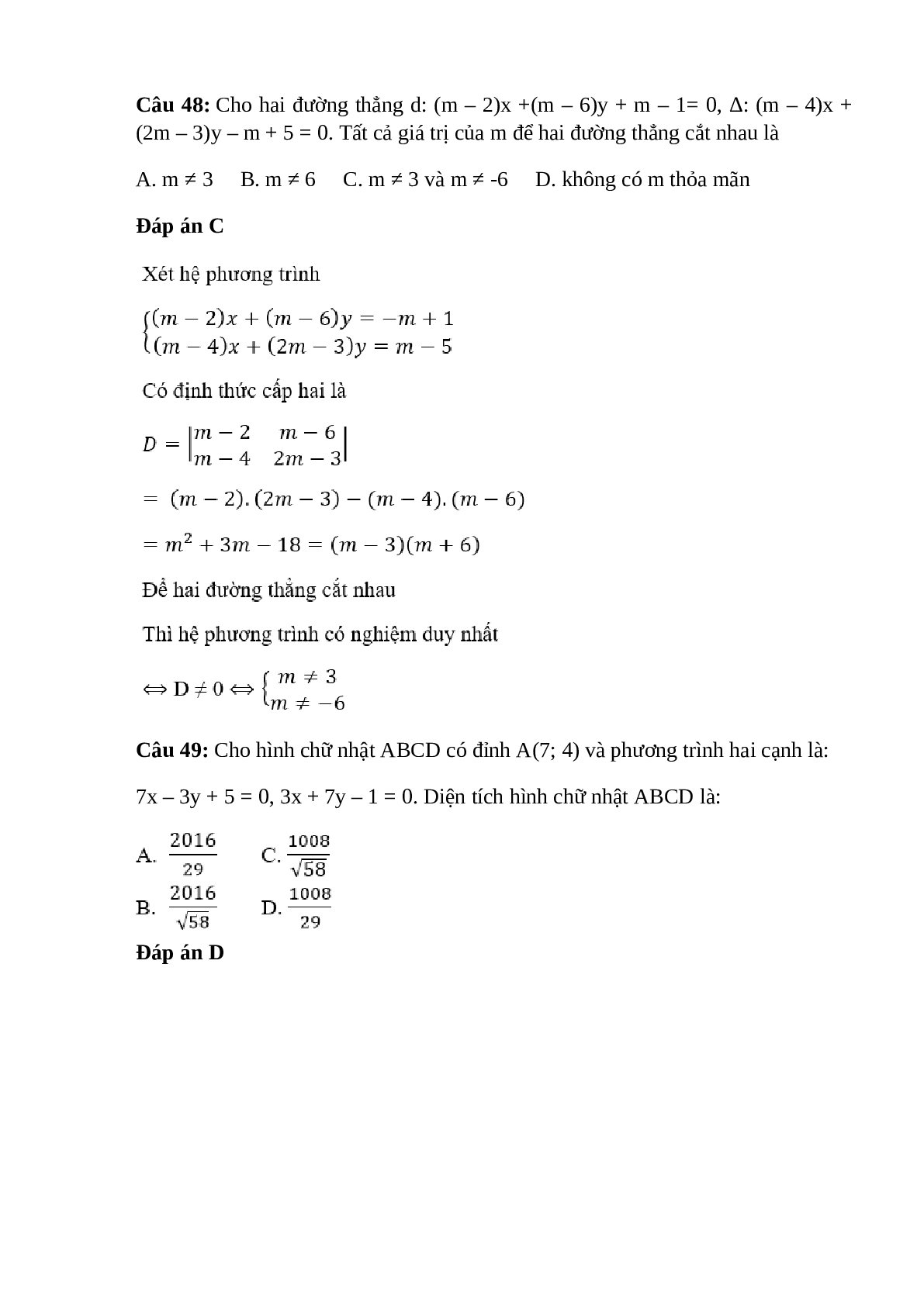 Trắc nghiệm Phương trình đường thẳng (phần 3) có đáp án – Toán lớp 10 (trang 5)