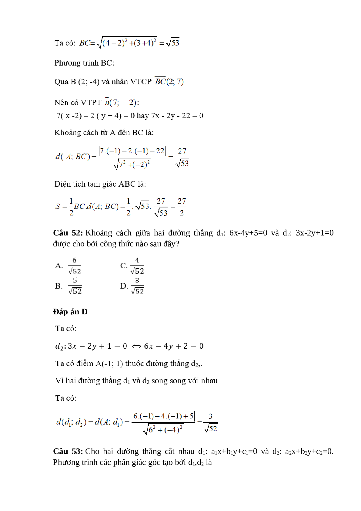 Trắc nghiệm Phương trình đường thẳng (phần 3) có đáp án – Toán lớp 10 (trang 7)