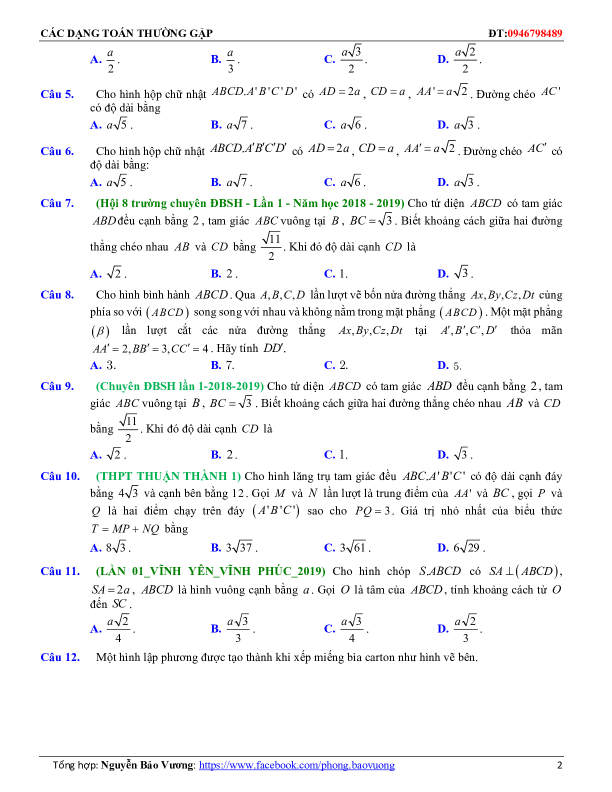 114 Bài tập trắc nghiệm khoảng cách có đáp án và lời giải 2023 (trang 2)