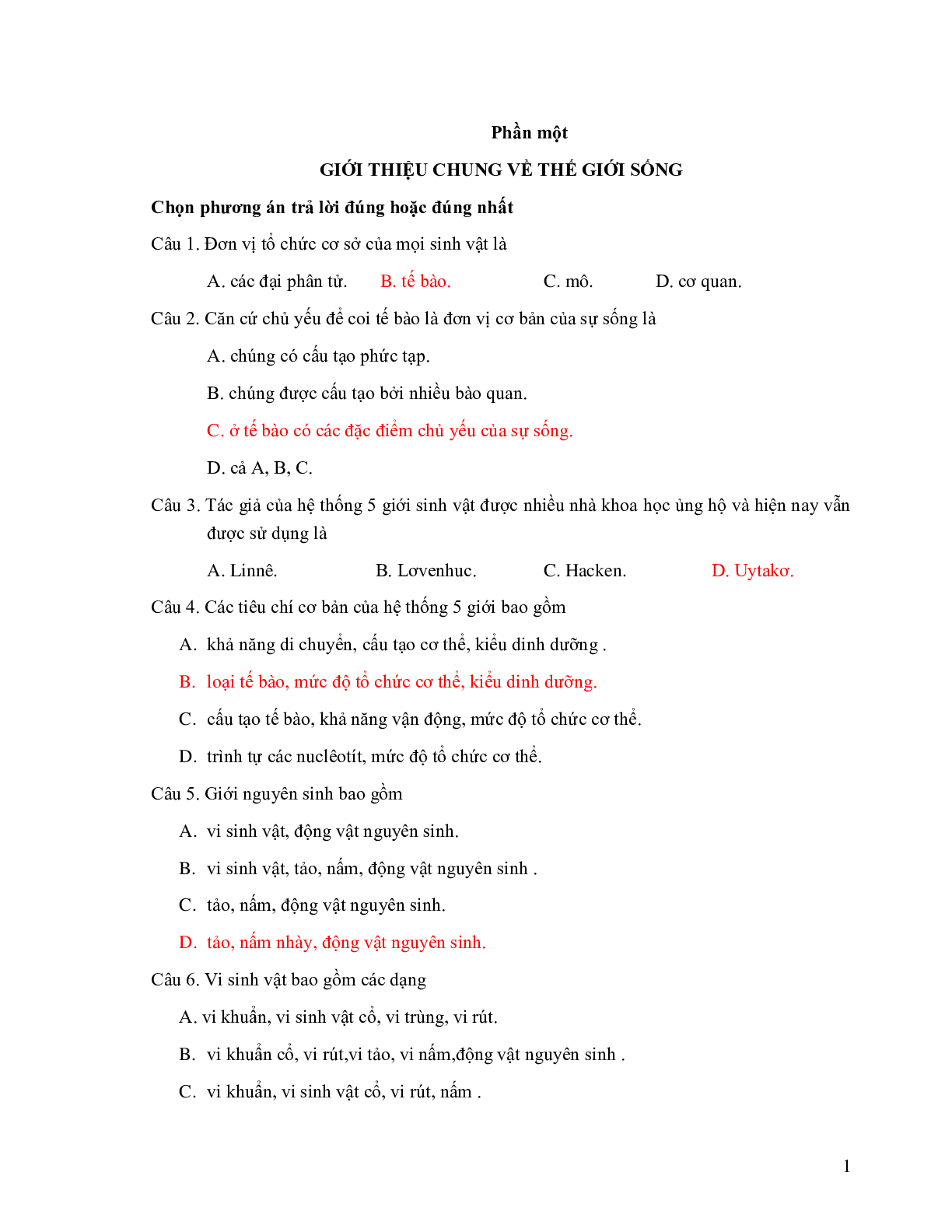 650 Câu trắc nghiệm Sinh học lớp 10 có đáp án (trang 1)