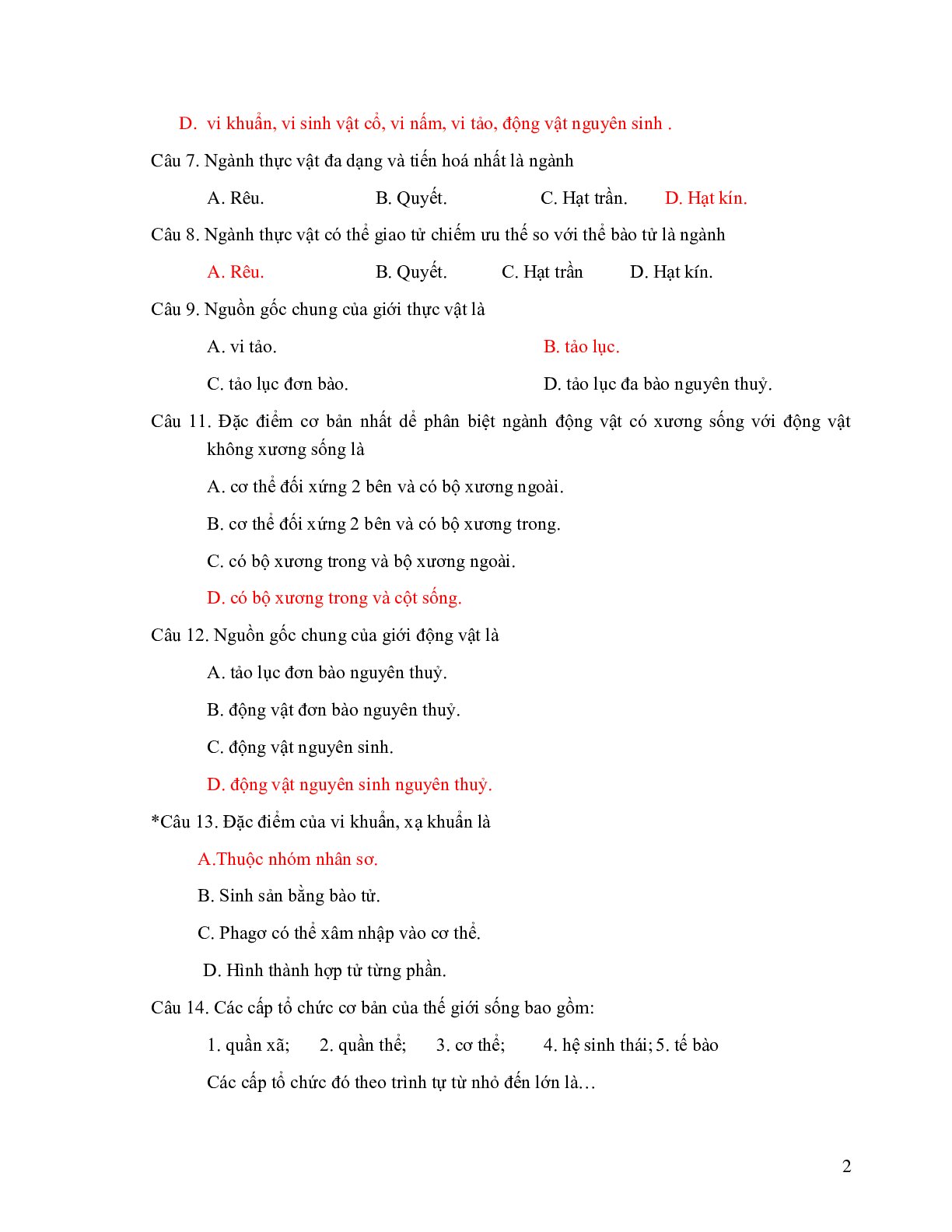 650 Câu trắc nghiệm Sinh học lớp 10 có đáp án (trang 2)