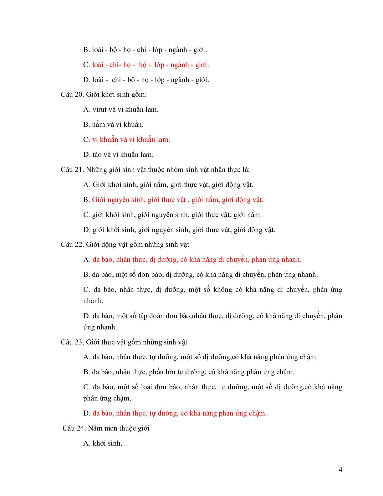 650 Câu trắc nghiệm Sinh học lớp 10 có đáp án (trang 4)