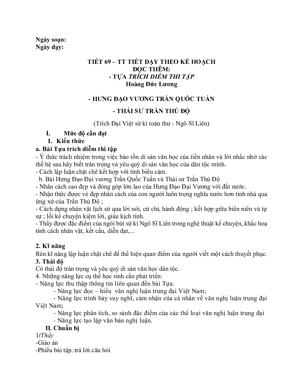 Giáo án ngữ văn lớp 10 Tiết 68, 69: Tựa trích diễm thi tập (trang 1)