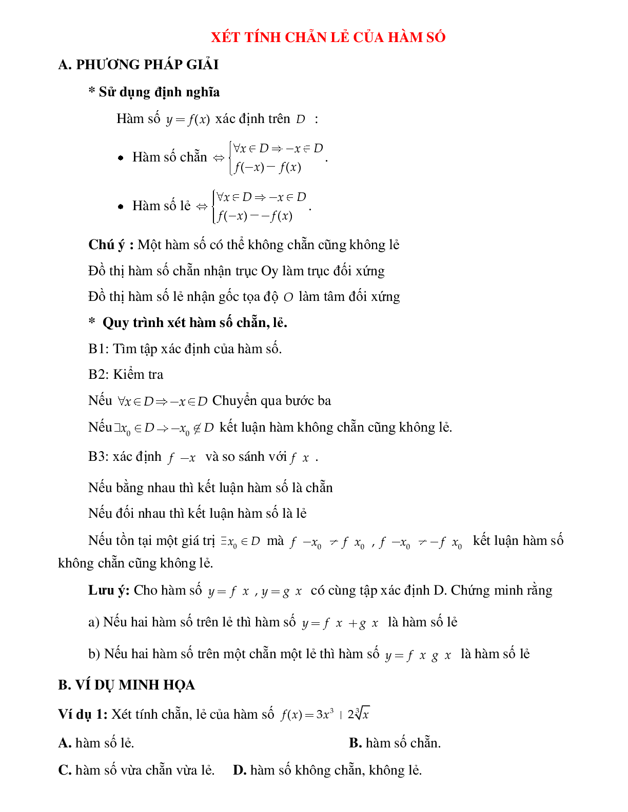 Bài tập tự luyện xét tính chẵn lẻ của hàm số Toán 10 (trang 1)